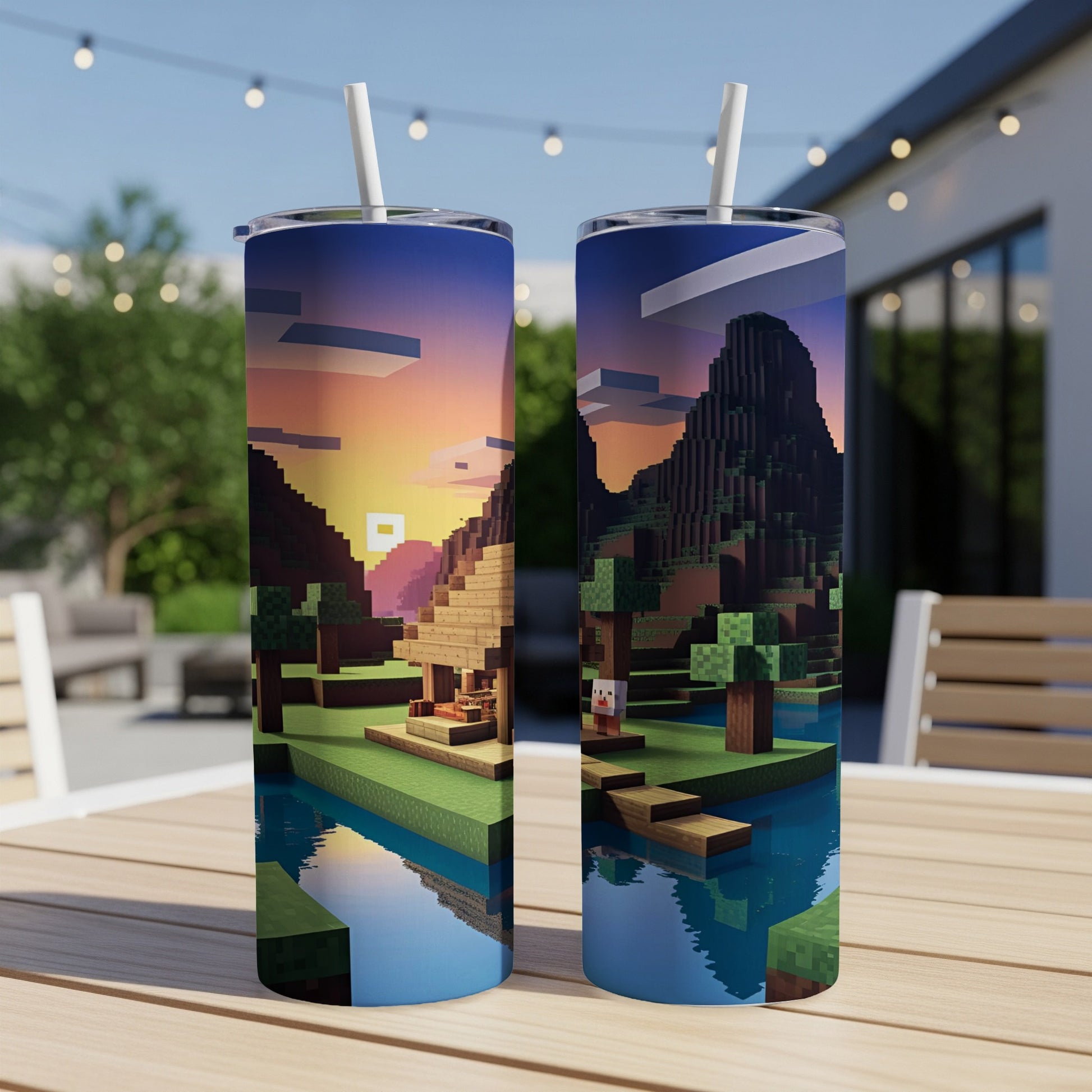 Minecraft-style landscape with a house and trees on a tumbler.
