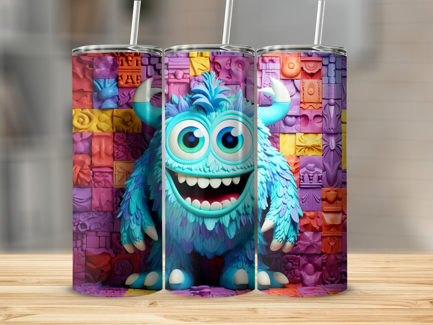 Colorful Cartoon Monster Tumbler With Straw