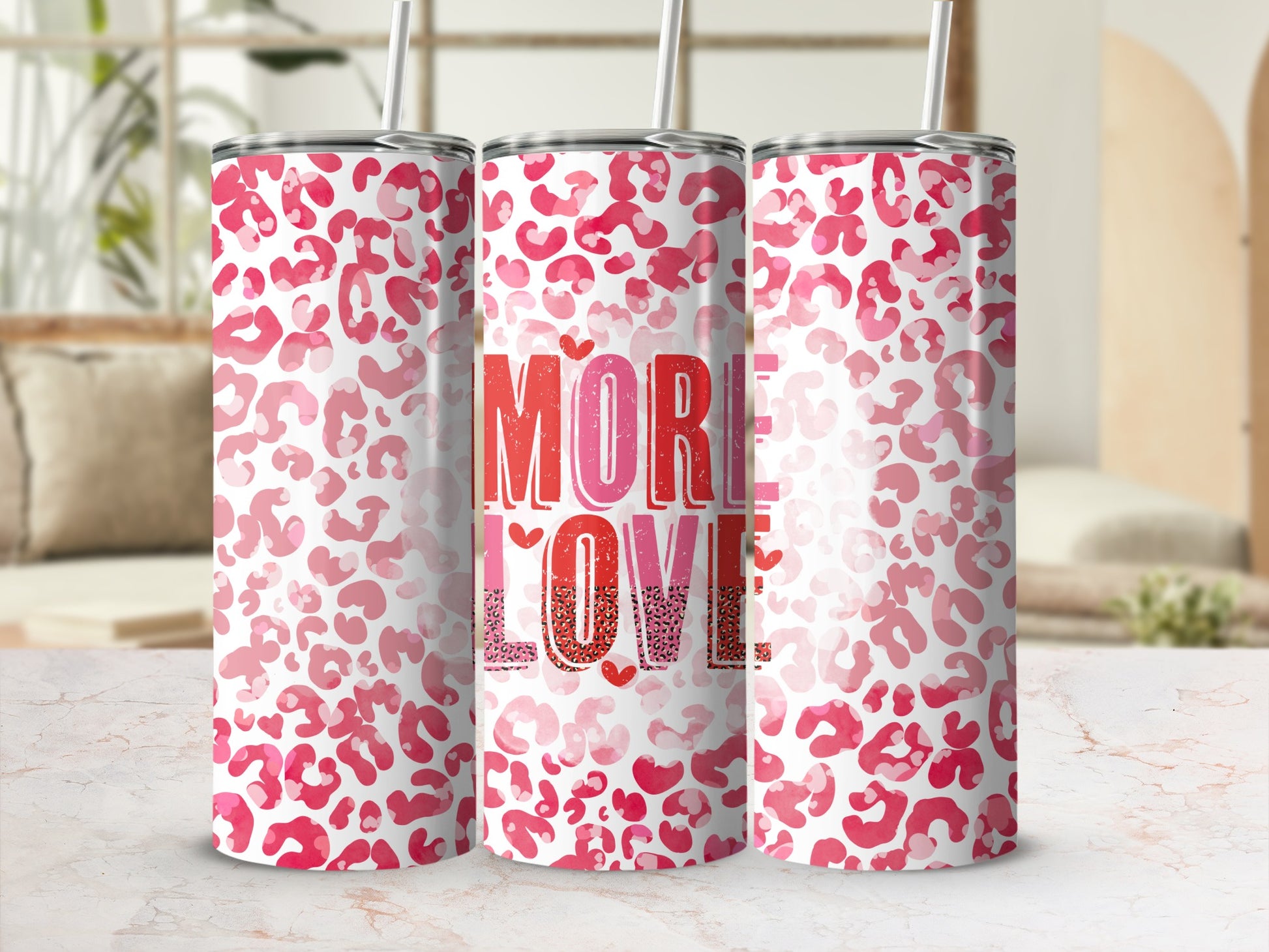 Pink Leopard Print Tumblers with More Love Text Design