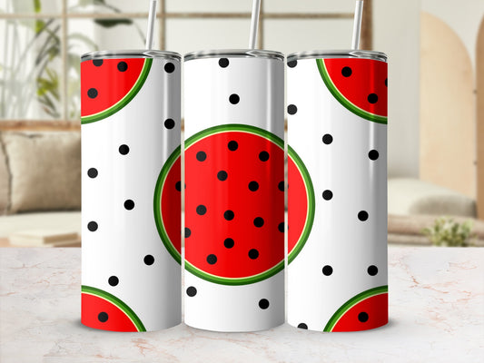 Three tumblers with a repeating watermelon slice and black polka dot pattern.