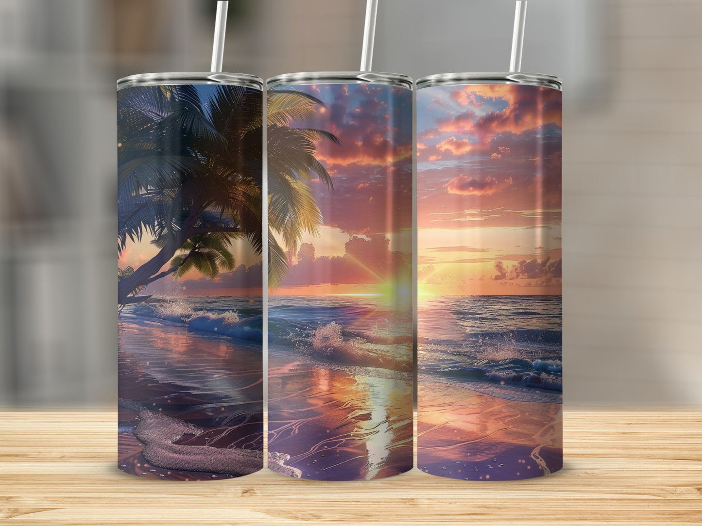 Three tumblers with tropical beach sunset scene, palm trees, and ocean waves.