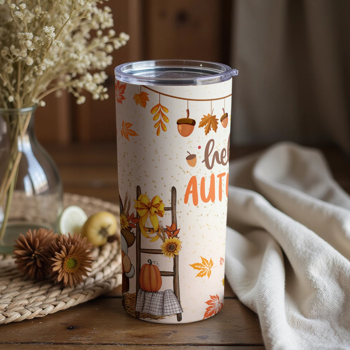 Festive Hello Autumn Design Insulated Tumbler Cup