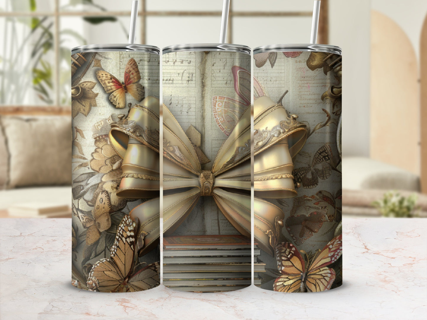 Gold bow and butterflies on vintage sheet music tumbler design.