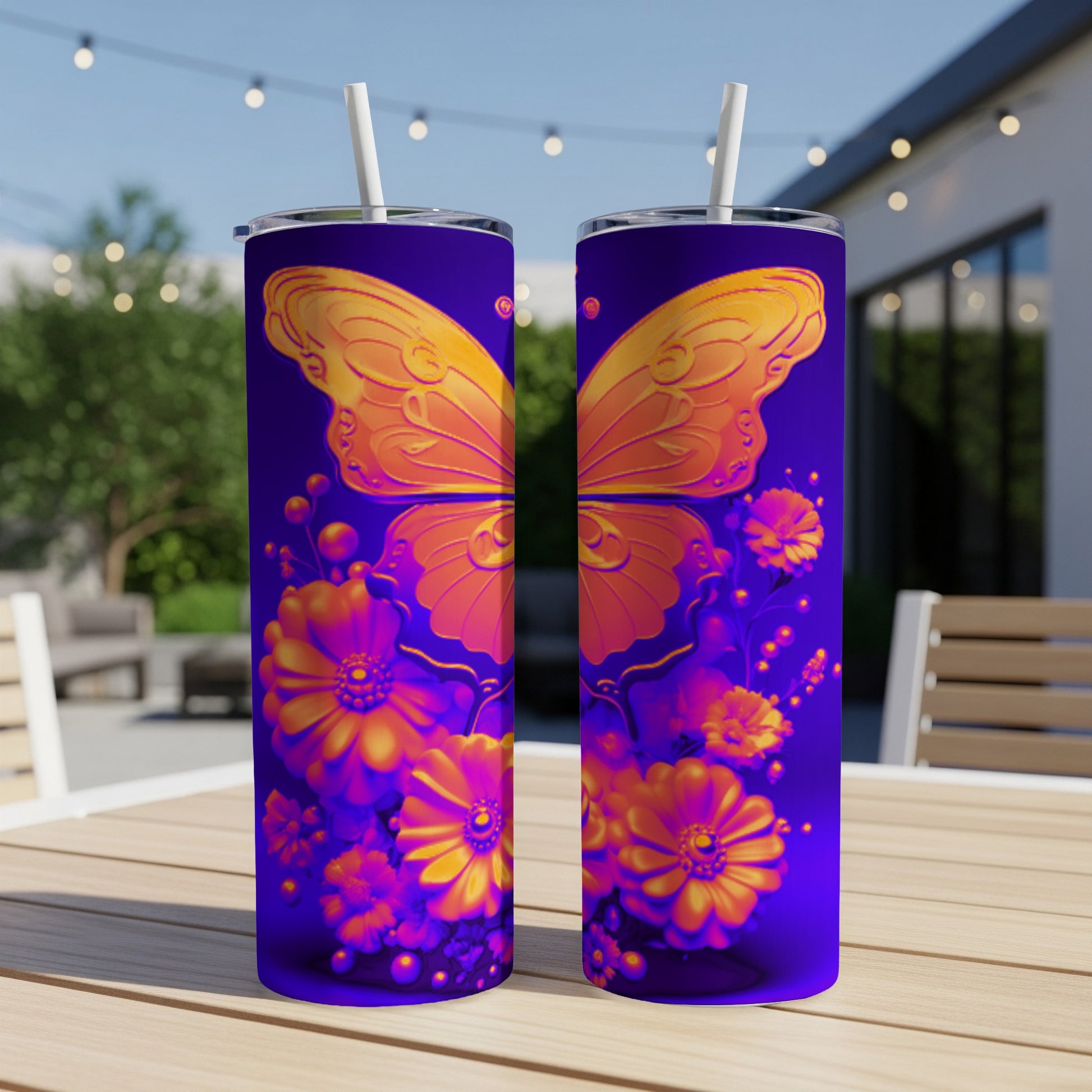 Purple tumbler with an orange butterfly and floral design.