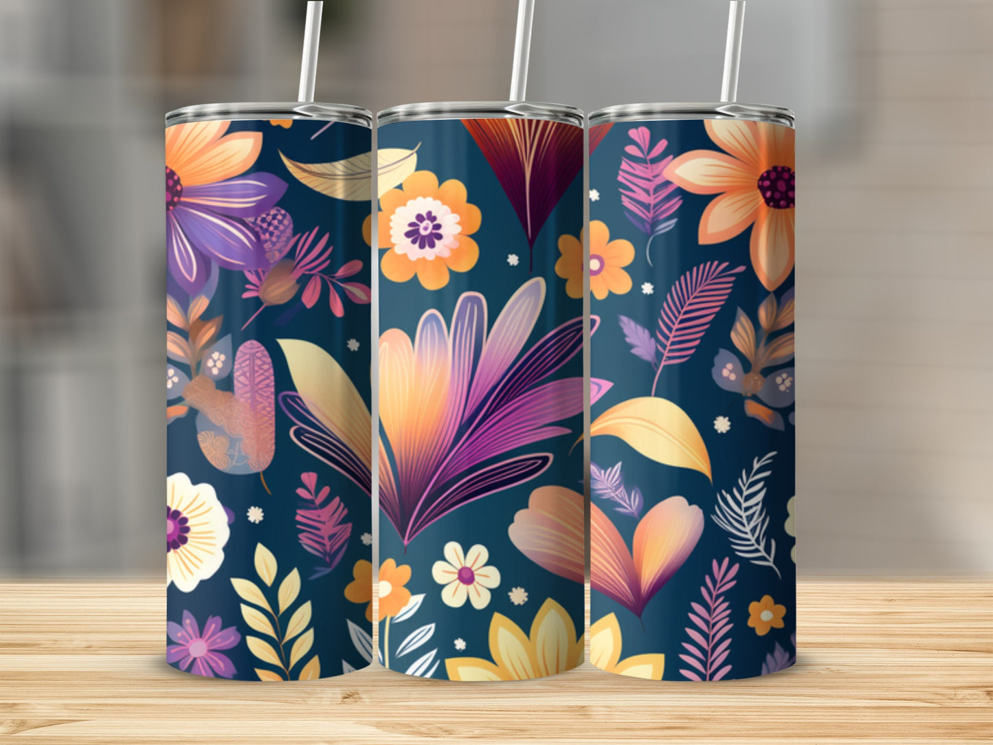 Three tumblers with a floral pattern on a wooden surface.