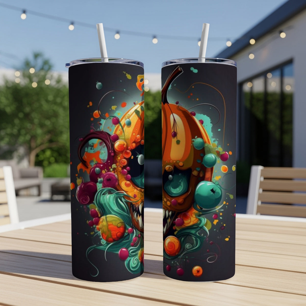 Two tumblers with a colorful, abstract skull and pumpkin Halloween design.