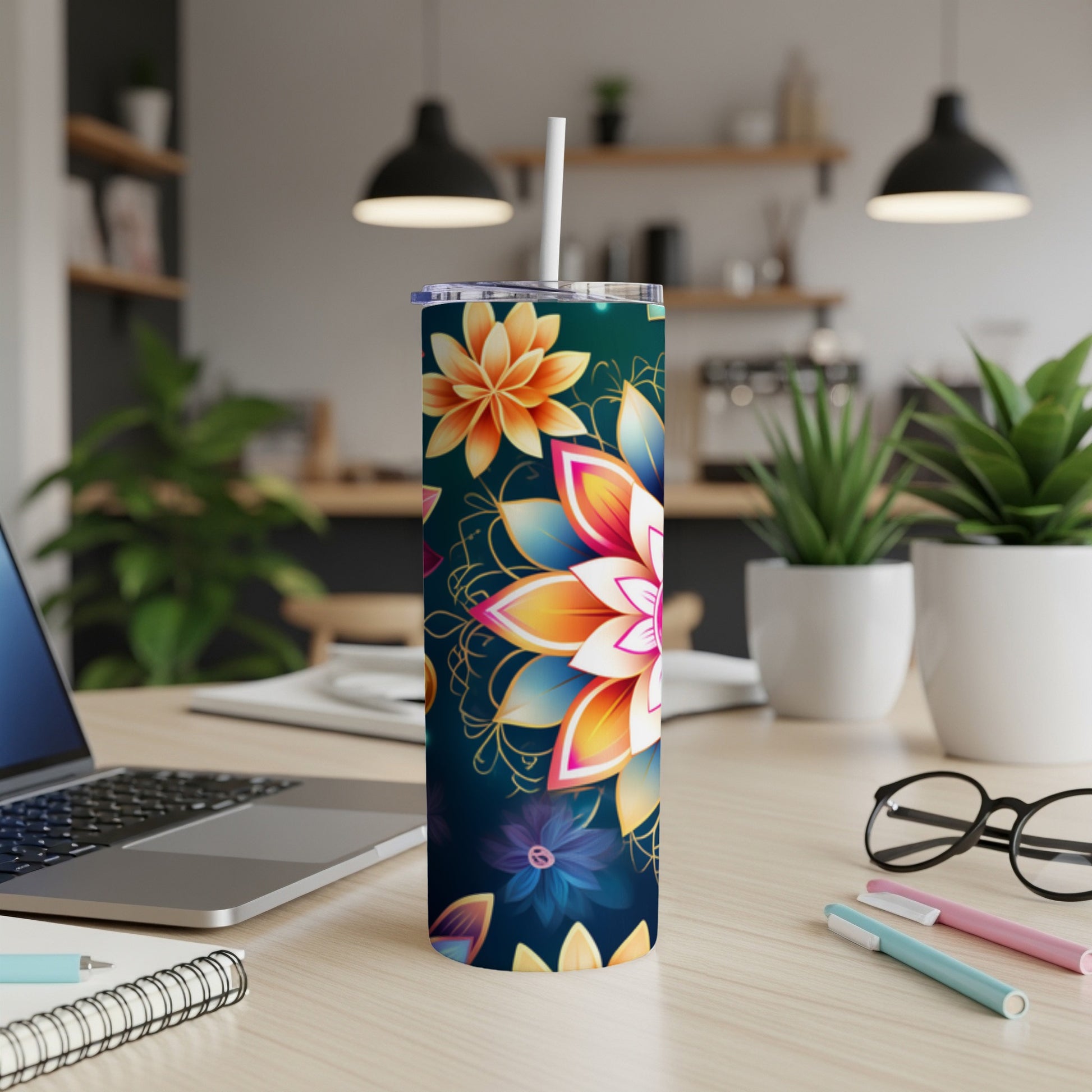 Dark teal tumbler with colorful floral mandala design, white straw, on a desk.