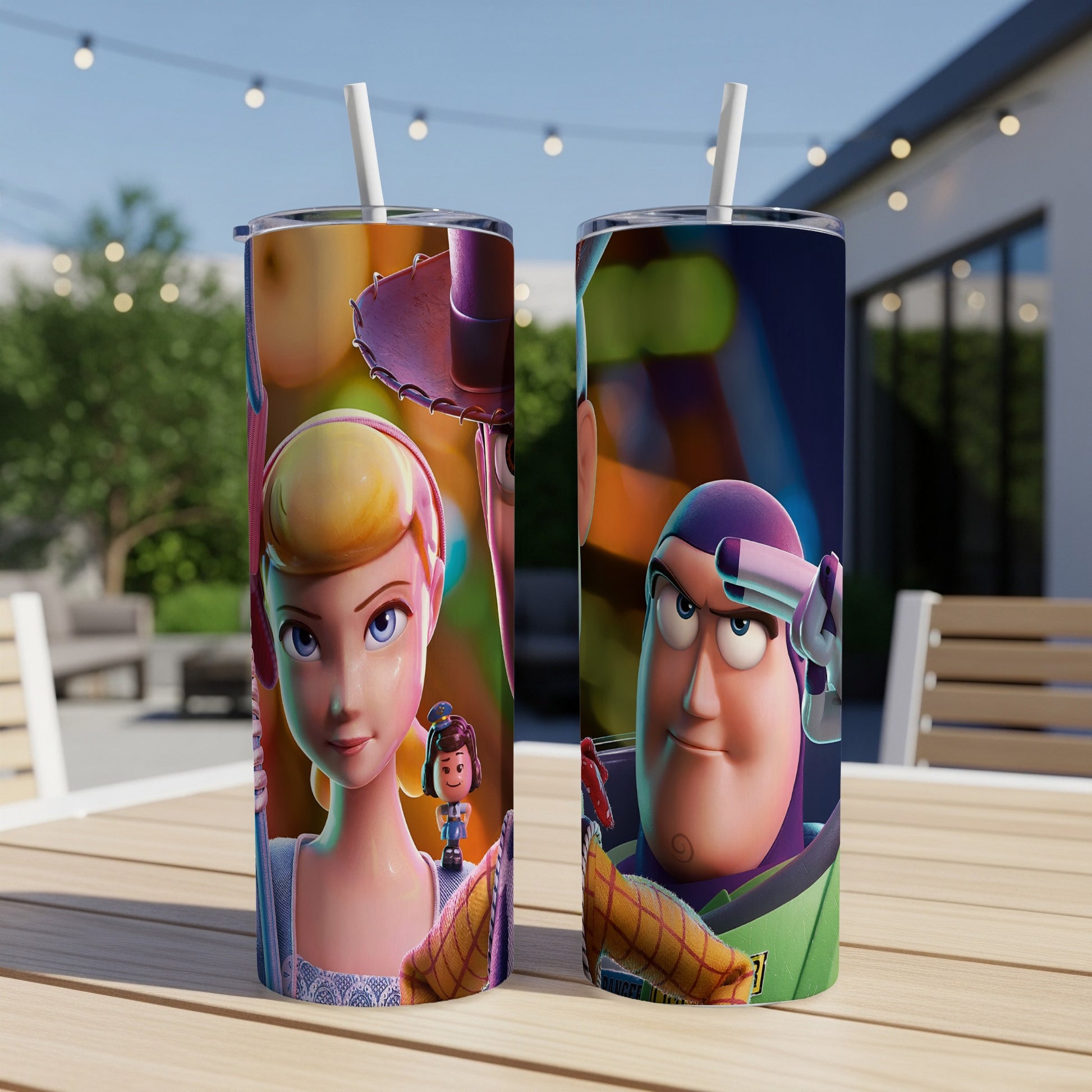 Bo Peep and Buzz Lightyear characters on two travel tumblers outdoors.