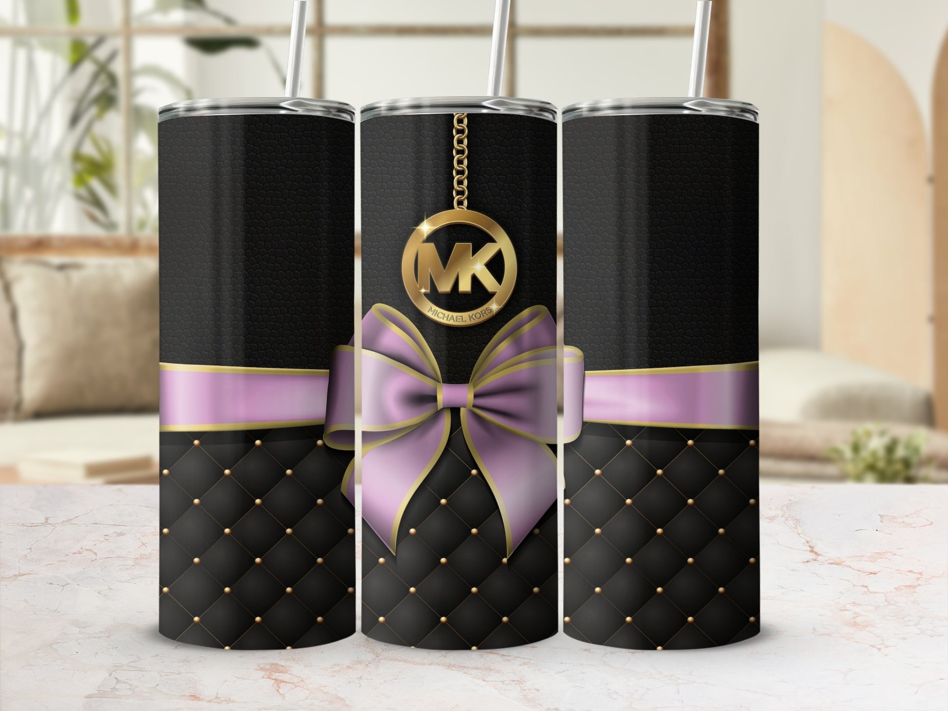 Elegant Black Tumbler with Purple Bow and Gold Accents