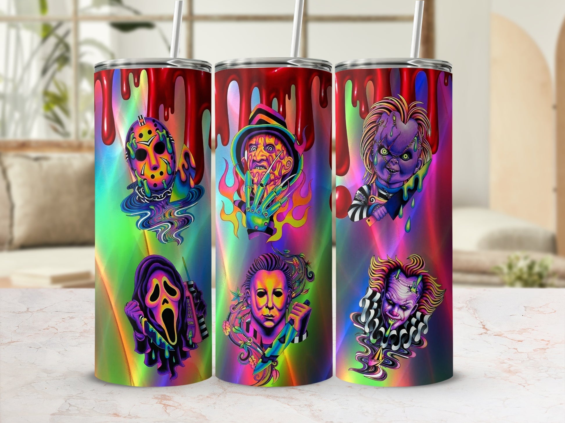 Tumbler with horror movie villains: Jason, Freddy, Chucky, Ghostface, Michael Myers, Pennywise.