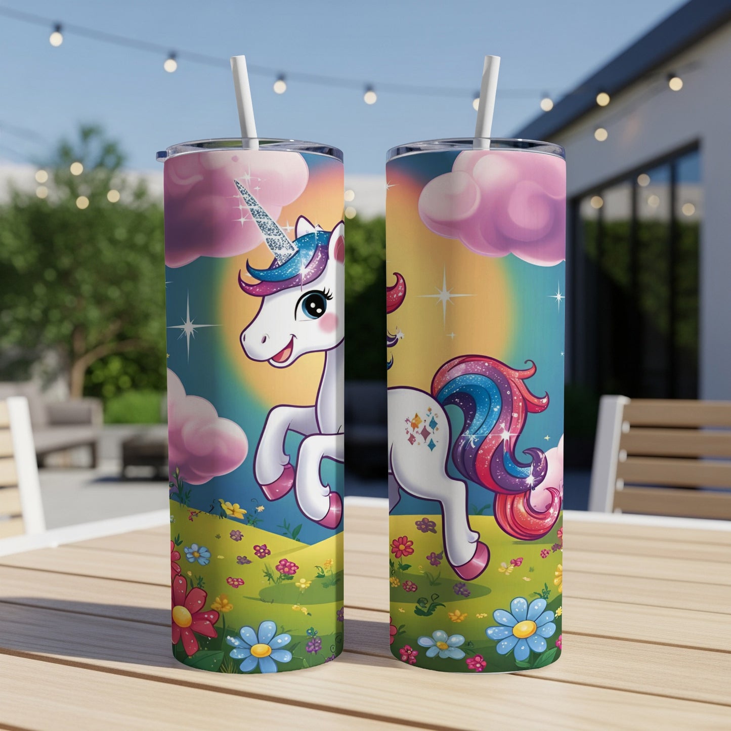 Whimsical unicorn on a colorful background with clouds and flowers.