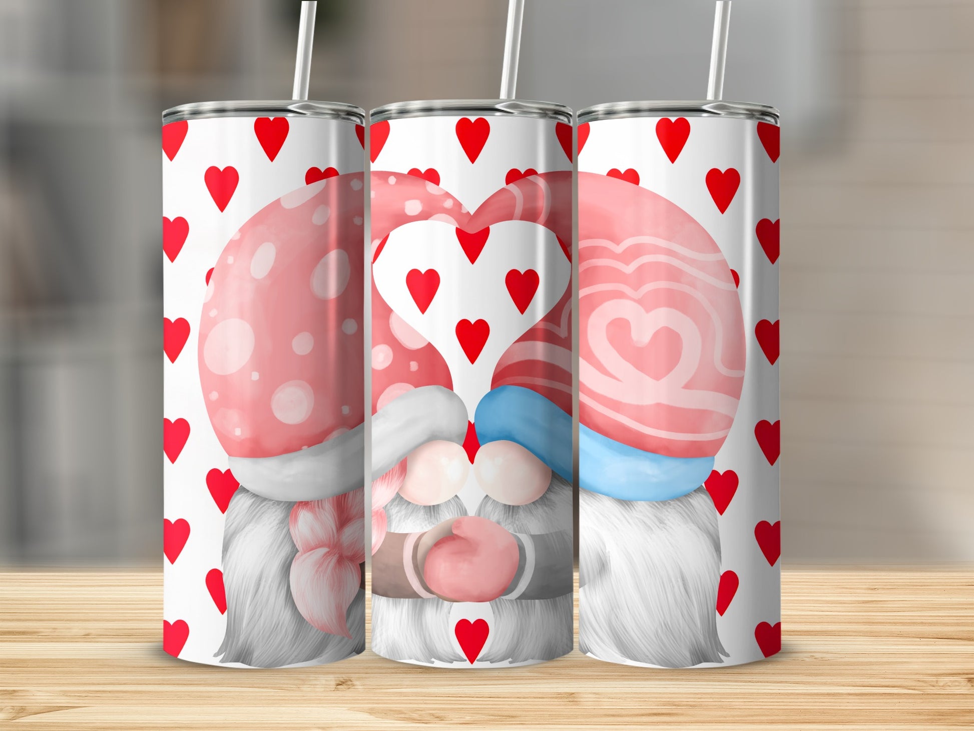 Gnomes in Heart Hats with Red Heart Pattern Tumbler