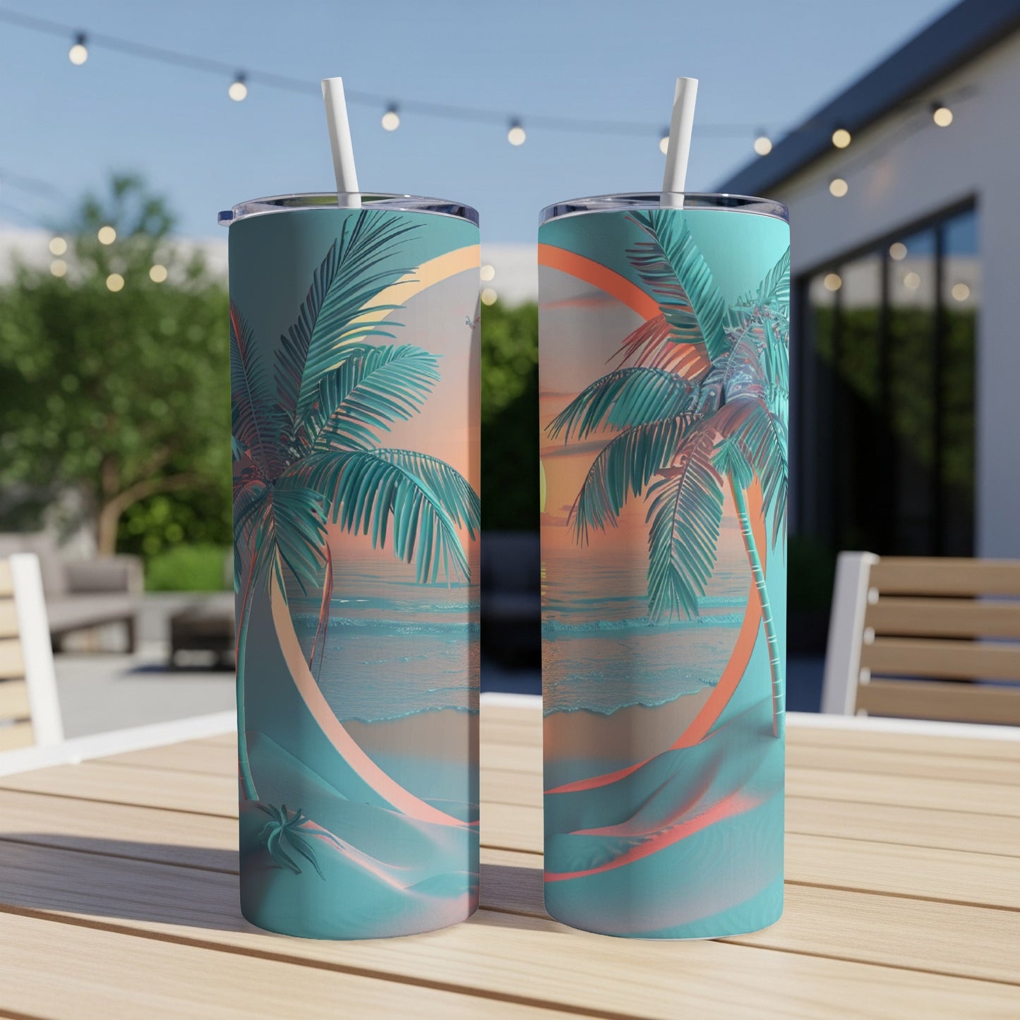 Two tumblers with palm trees and sunset beach scene design.