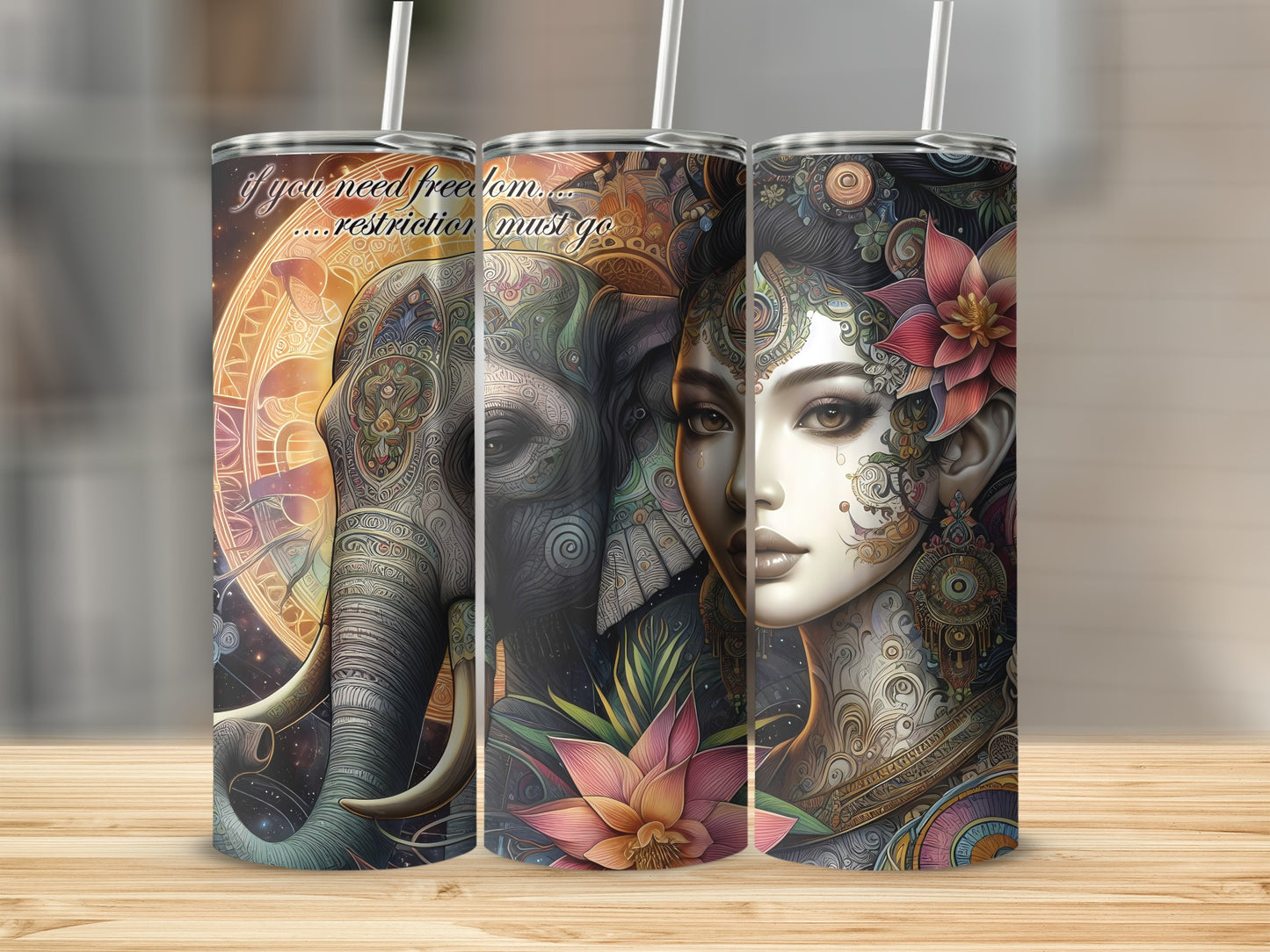 Elephant and woman with ornate details, text "if you need freedom... restriction must go".