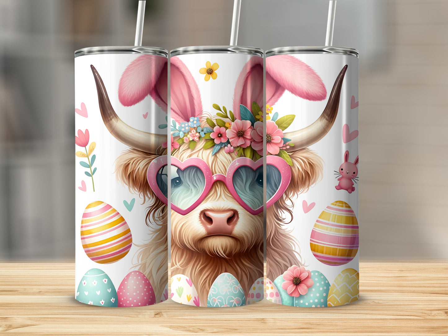 Highland cow with bunny ears and heart sunglasses, surrounded by Easter eggs and flowers.