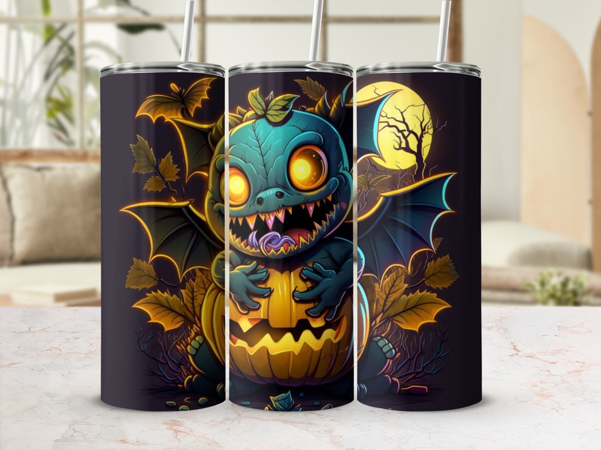 Tumbler with a teal cartoon dragon and jack-o'-lantern design.