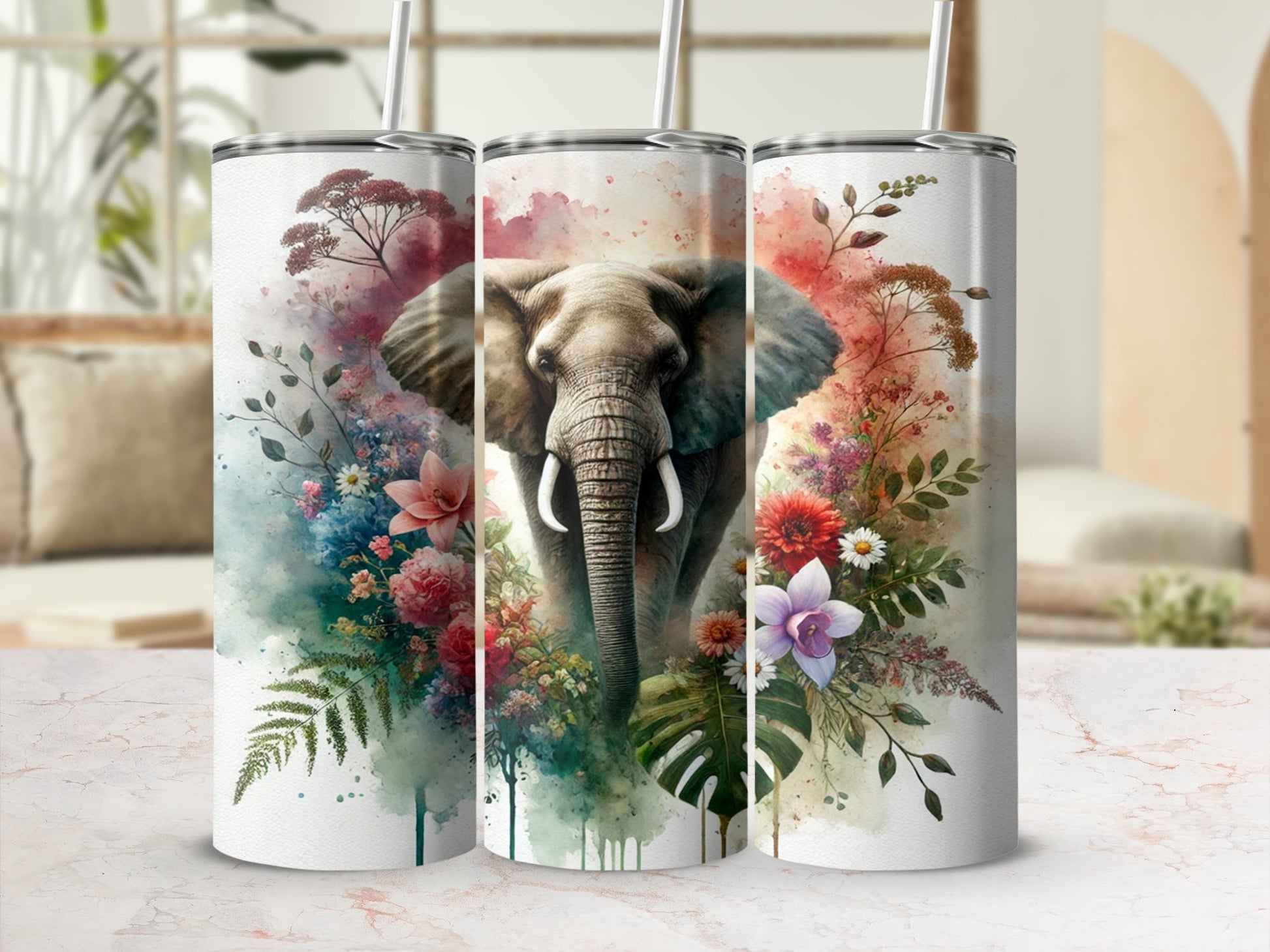 Elephant and Floral Design Tumbler for Everyday Use