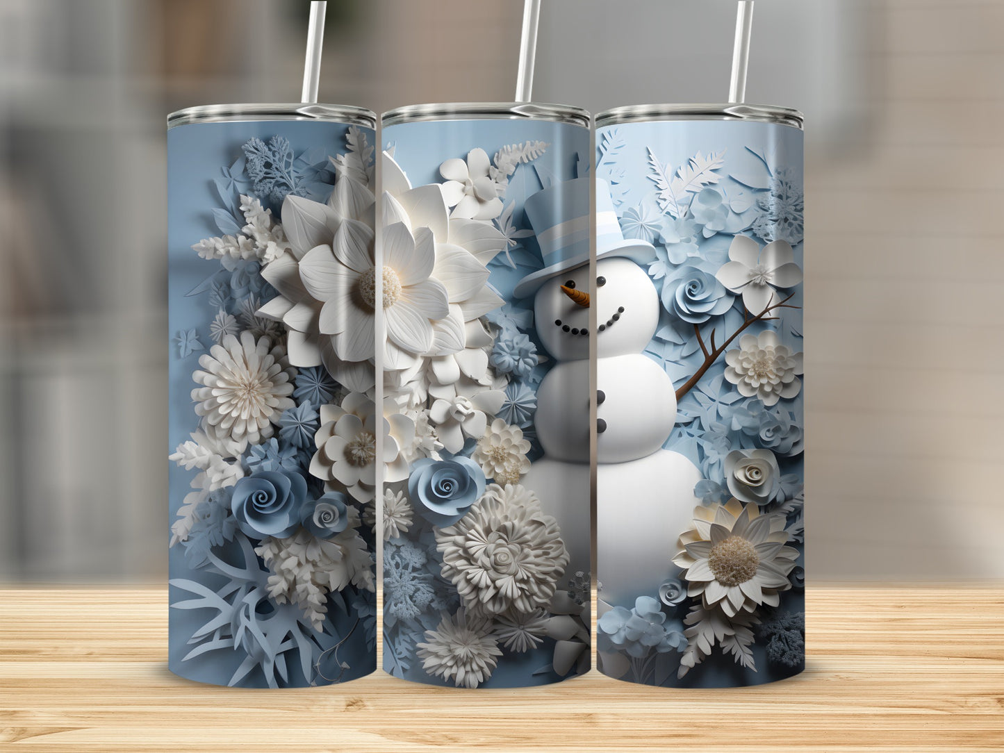 Winter Themed Snowman and Flowers Design Tumbler Cup