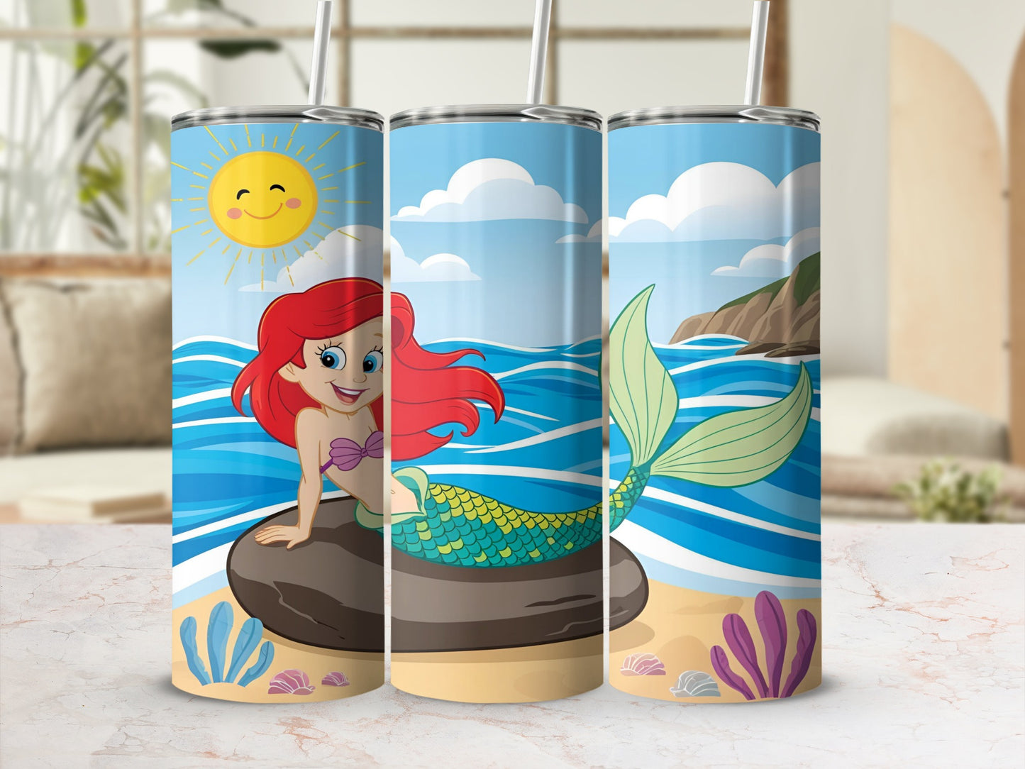 Mermaid with red hair sitting on a rock, with a sunny sky and ocean background.