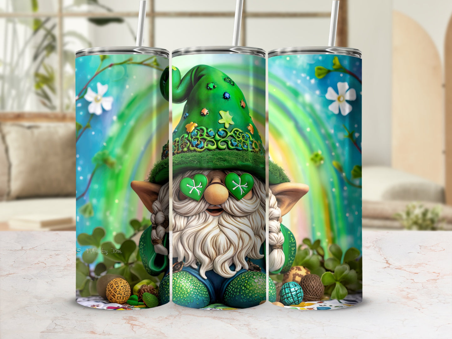 Lucky gnome with shamrock eyes, green hat, and rainbow background on a tumbler.