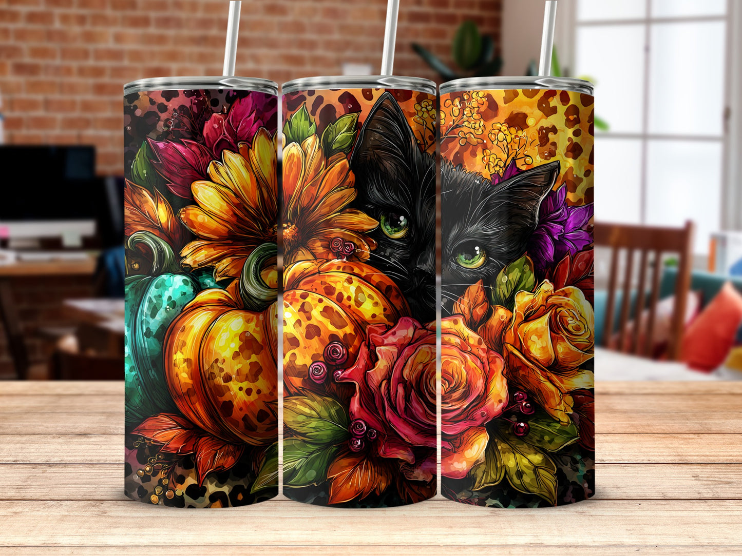 Colorful Floral Cat and Pumpkin Tumbler Design