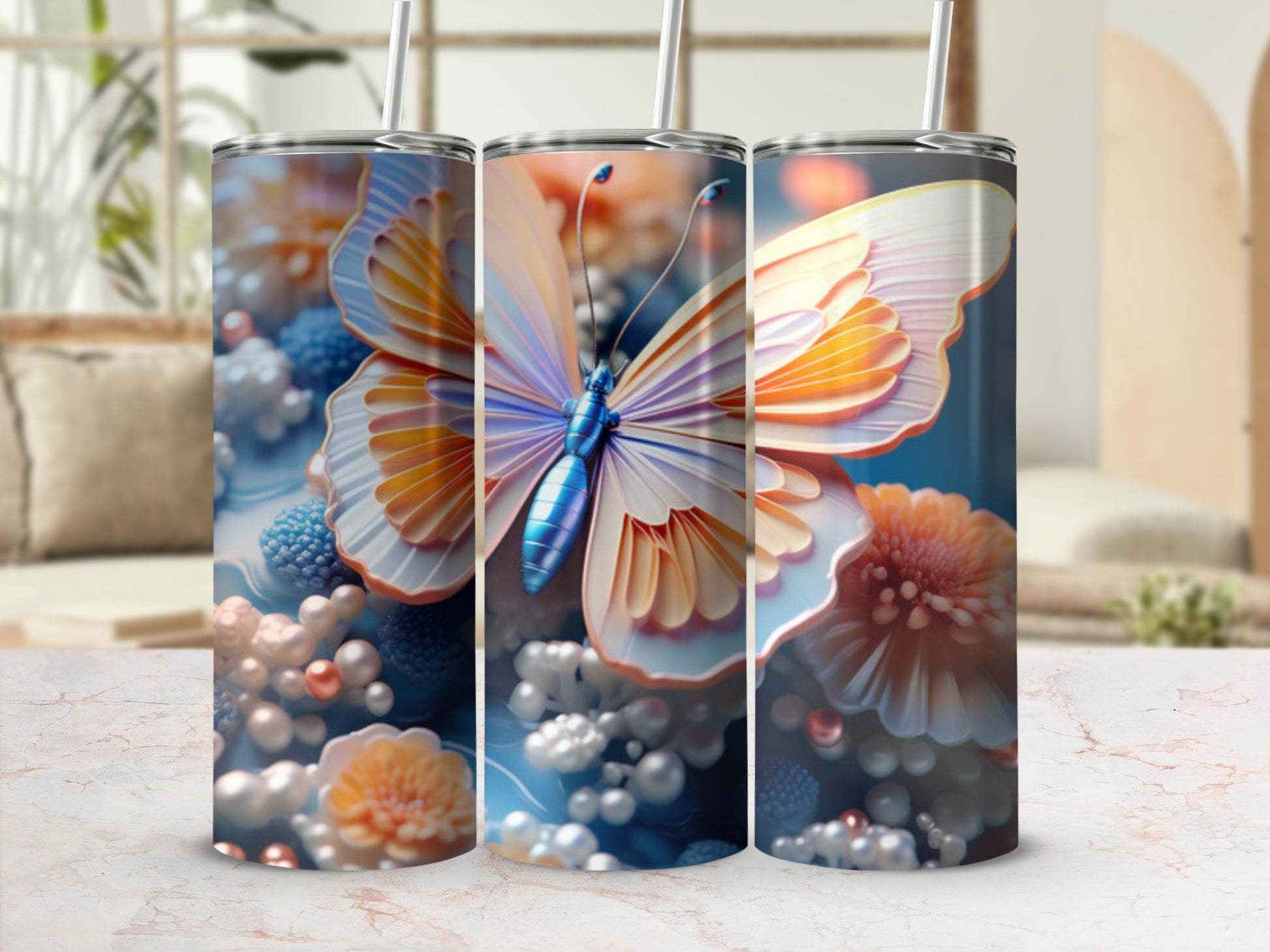 Triptych of tumblers featuring a vibrant butterfly and floral details.