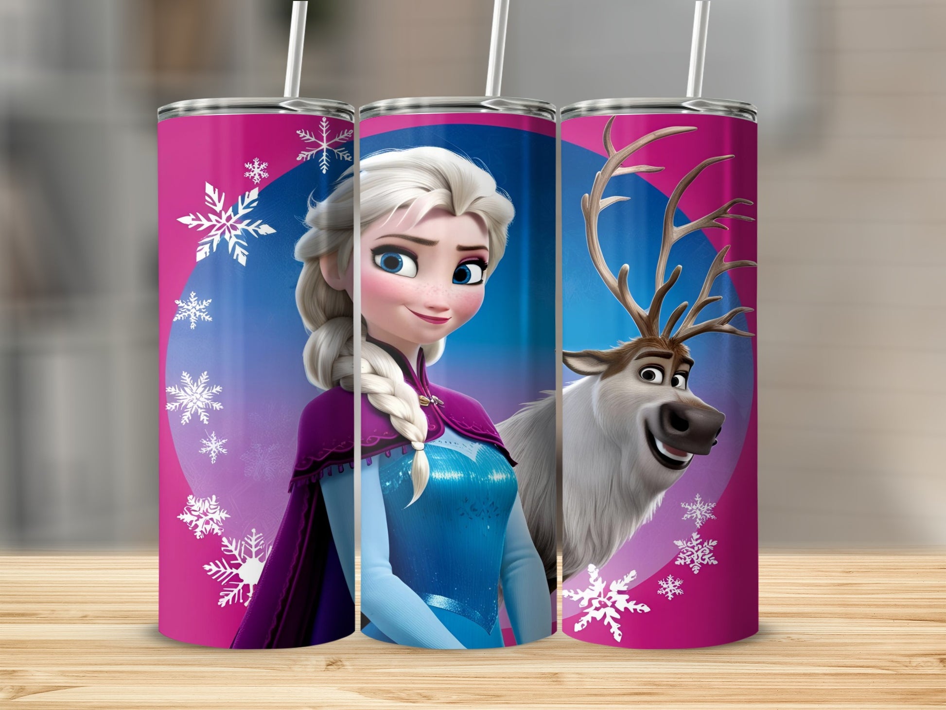 Elsa and Sven from Frozen on a pink tumbler with snowflakes.