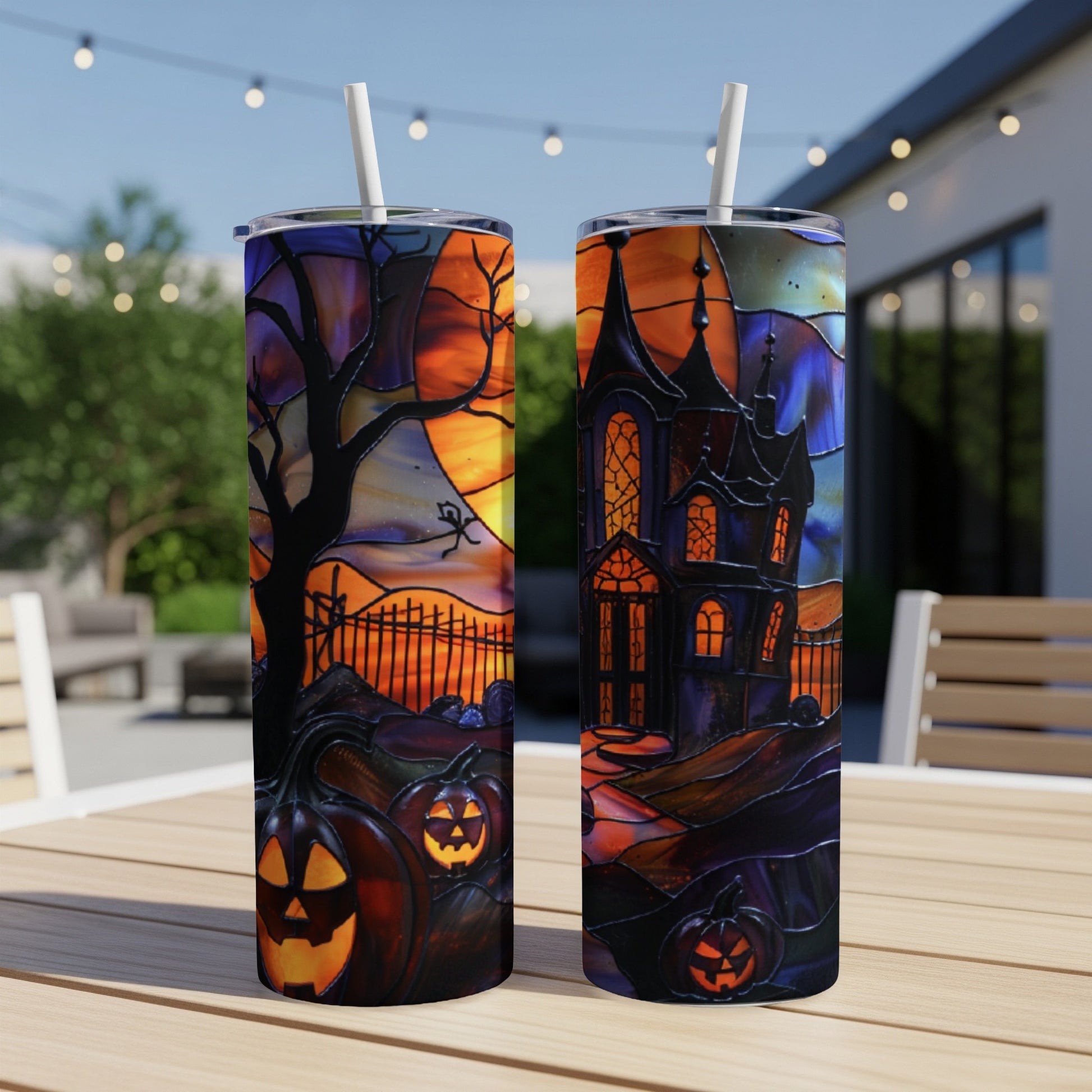 Two tumblers with stained-glass style Halloween scene: haunted house, pumpkins, spooky tree.