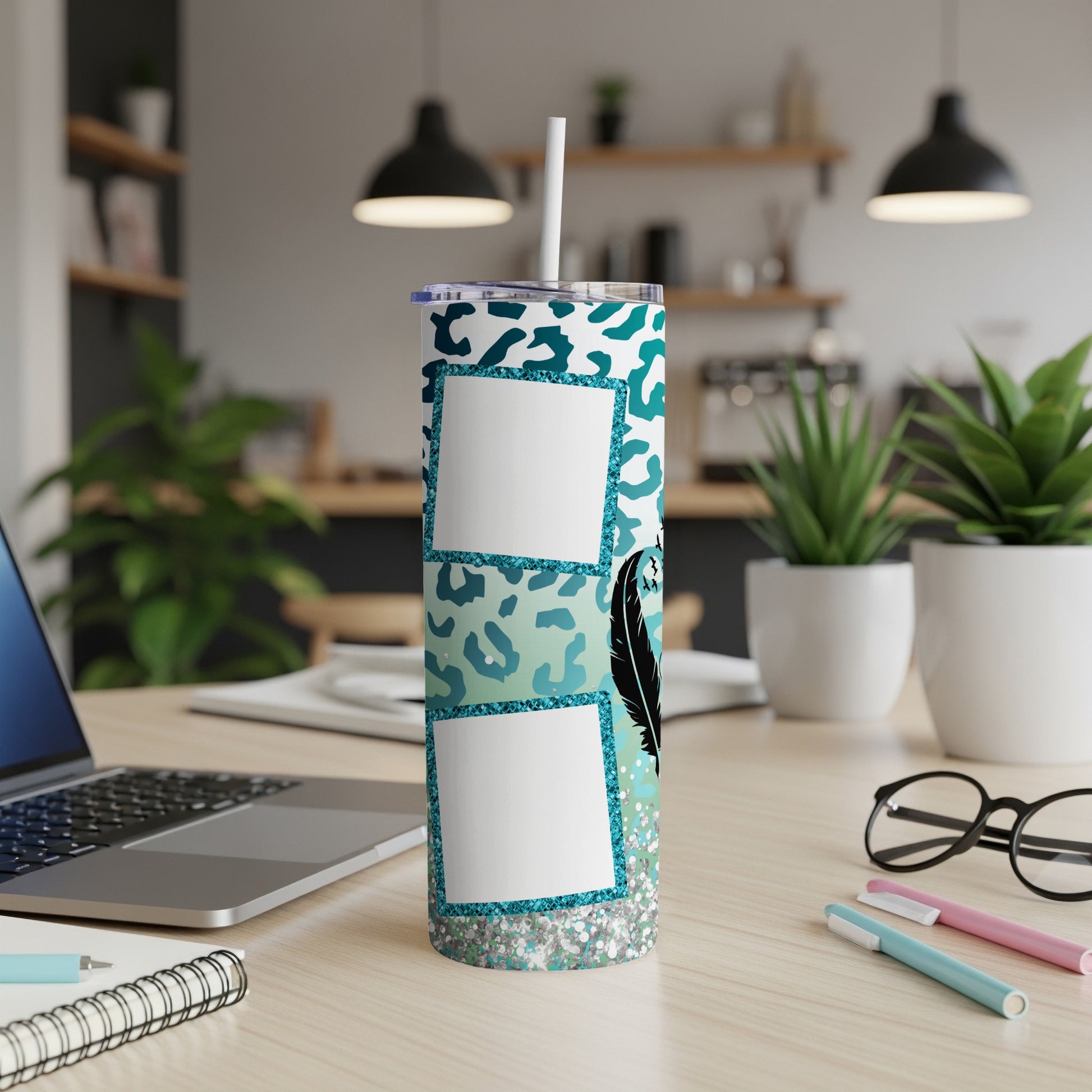 Teal glitter tumbler with leopard print, feather, and three photo frames.