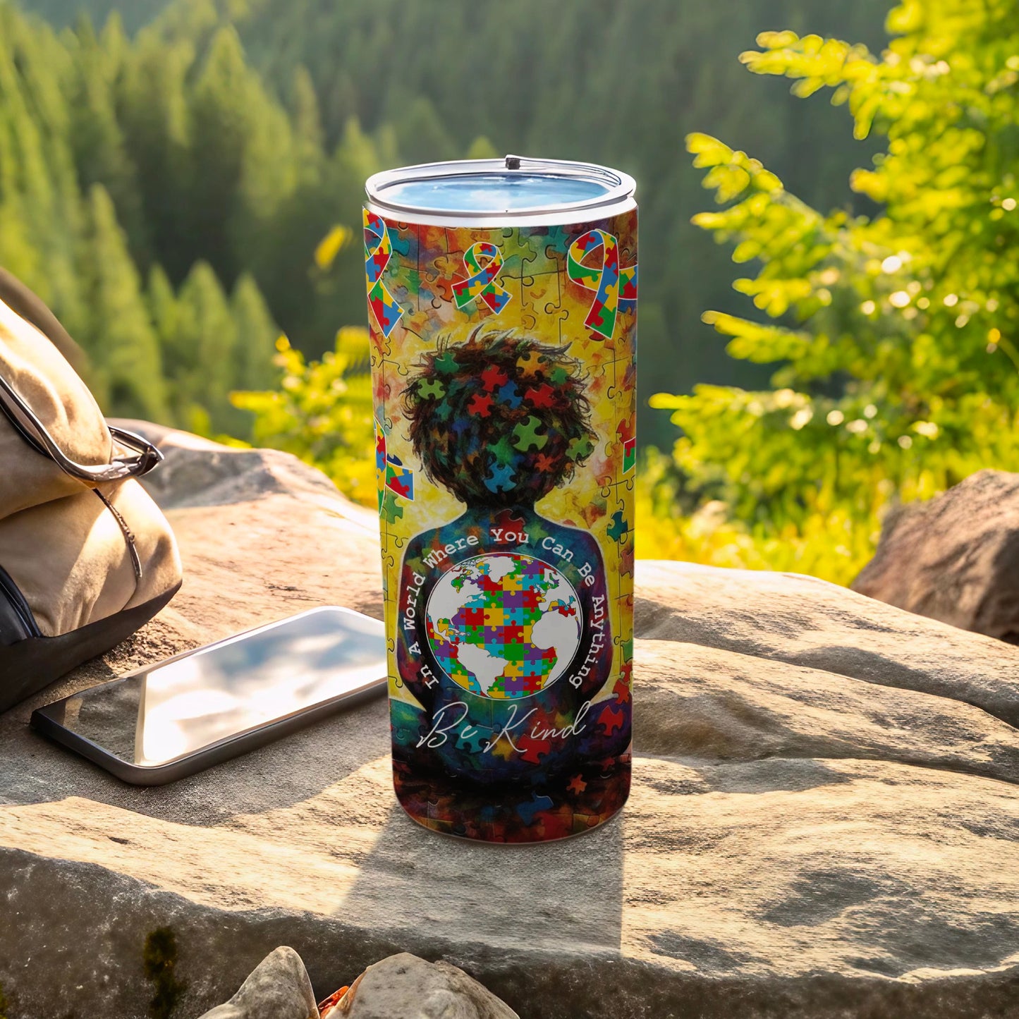 Tumbler with colorful autism awareness puzzle piece design and "Be Kind" text.