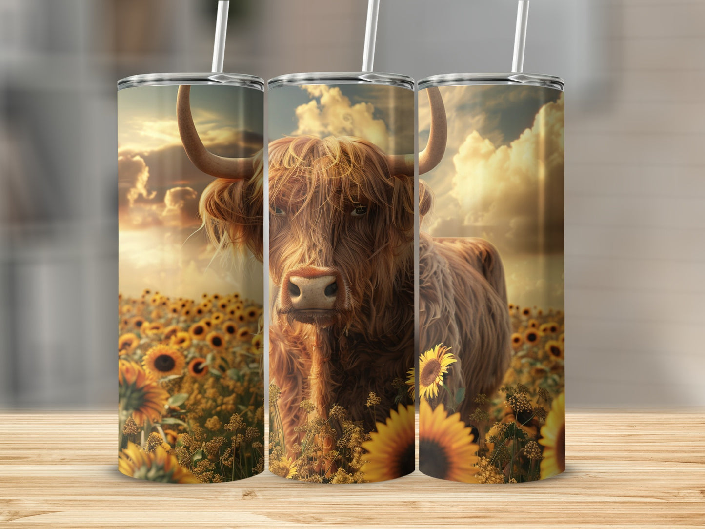 Highland cow in a sunflower field with a cloudy sky.
