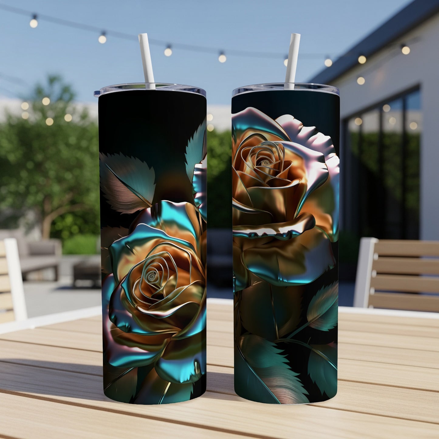 Two tall tumblers with iridescent rose designs on a wooden table outdoors.
