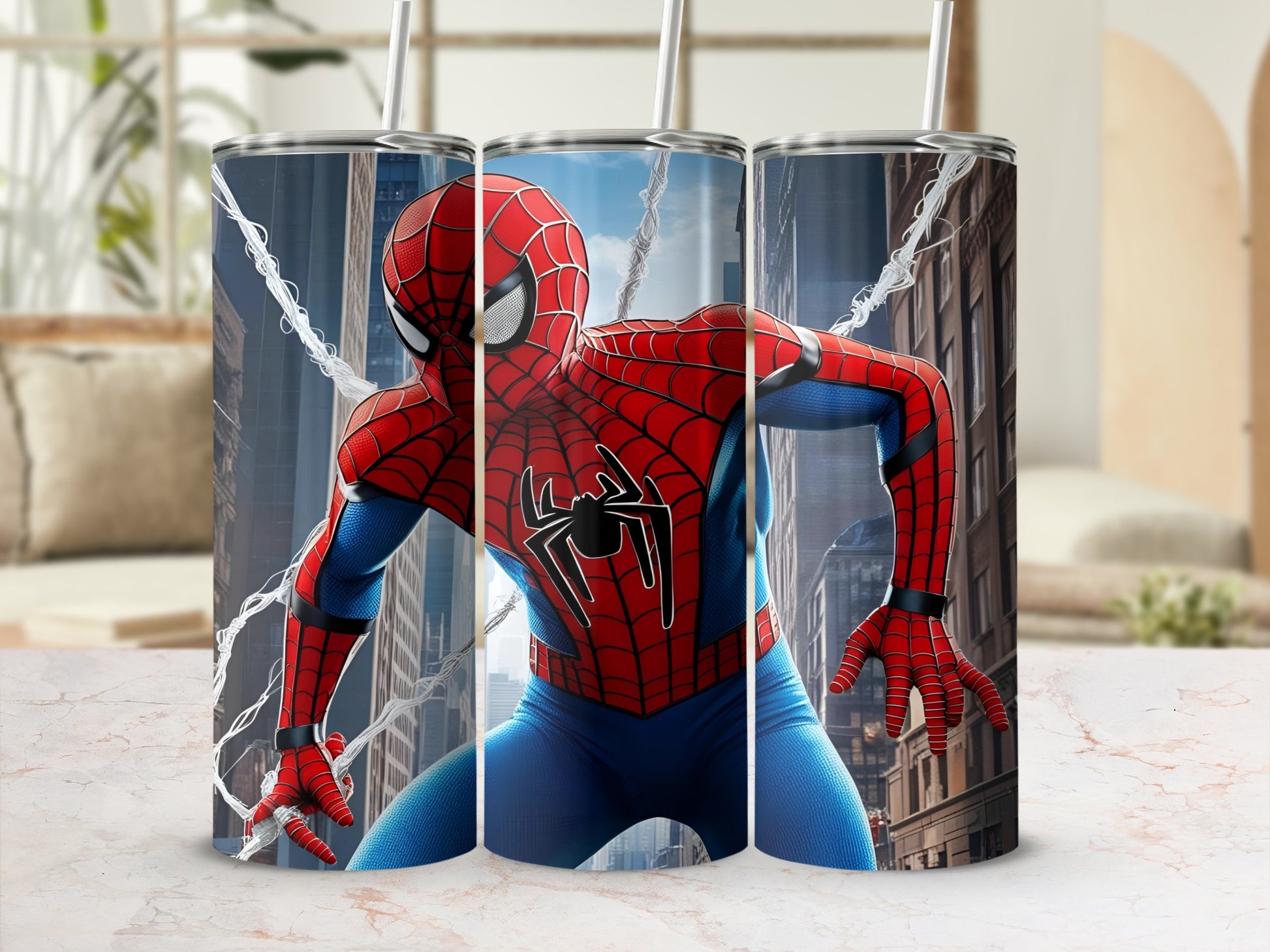 Spider-Man in dynamic pose on a cityscape background, on three tumblers.