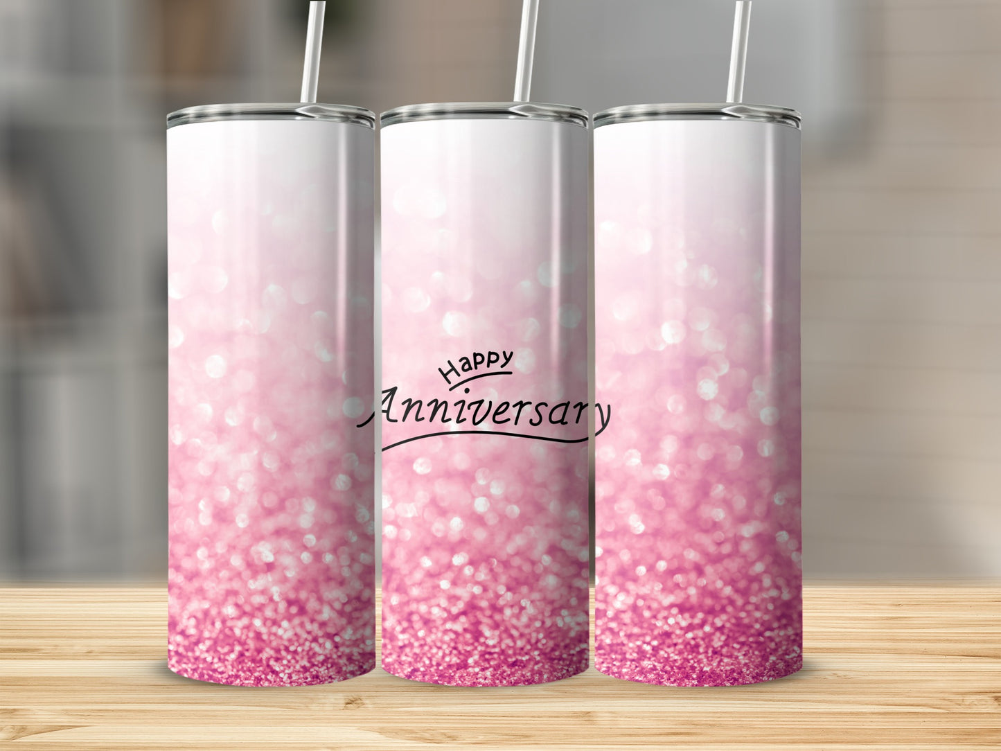 Pink glitter tumbler with "Happy Anniversary" text.