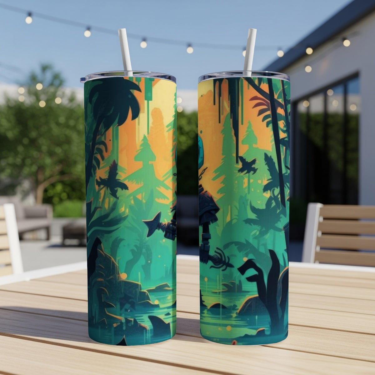 Two tumblers with a jungle robot illustration on a wooden table outdoors.