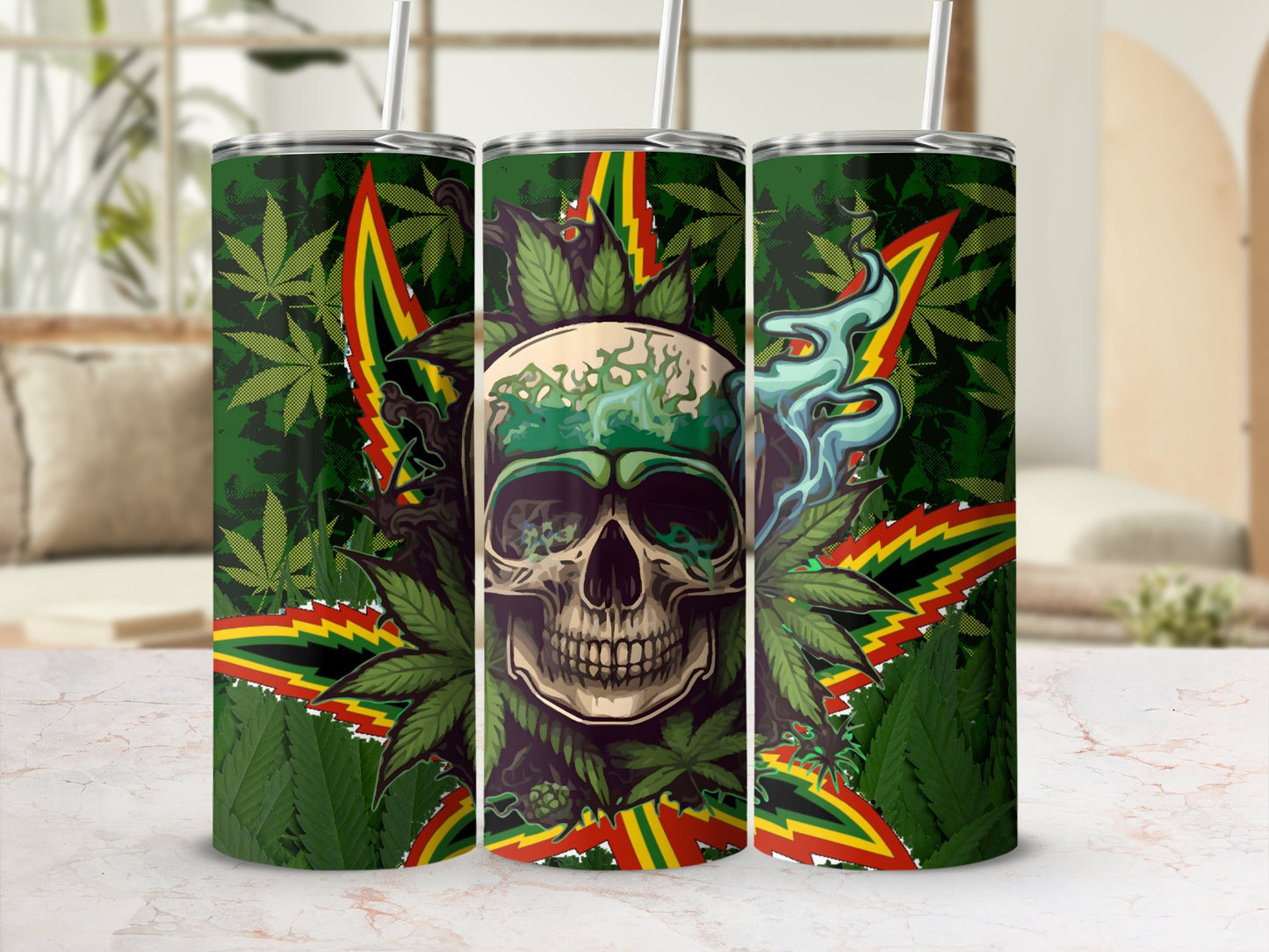 Skull with Cannabis Leaves and Smoke Tumbler Cup