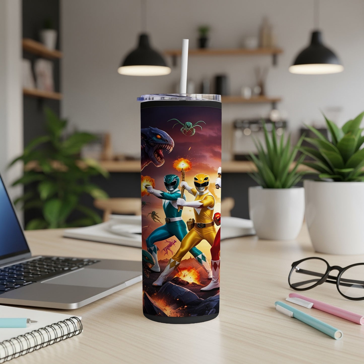 Power Rangers characters in action pose on a tumbler with a kitchen background.