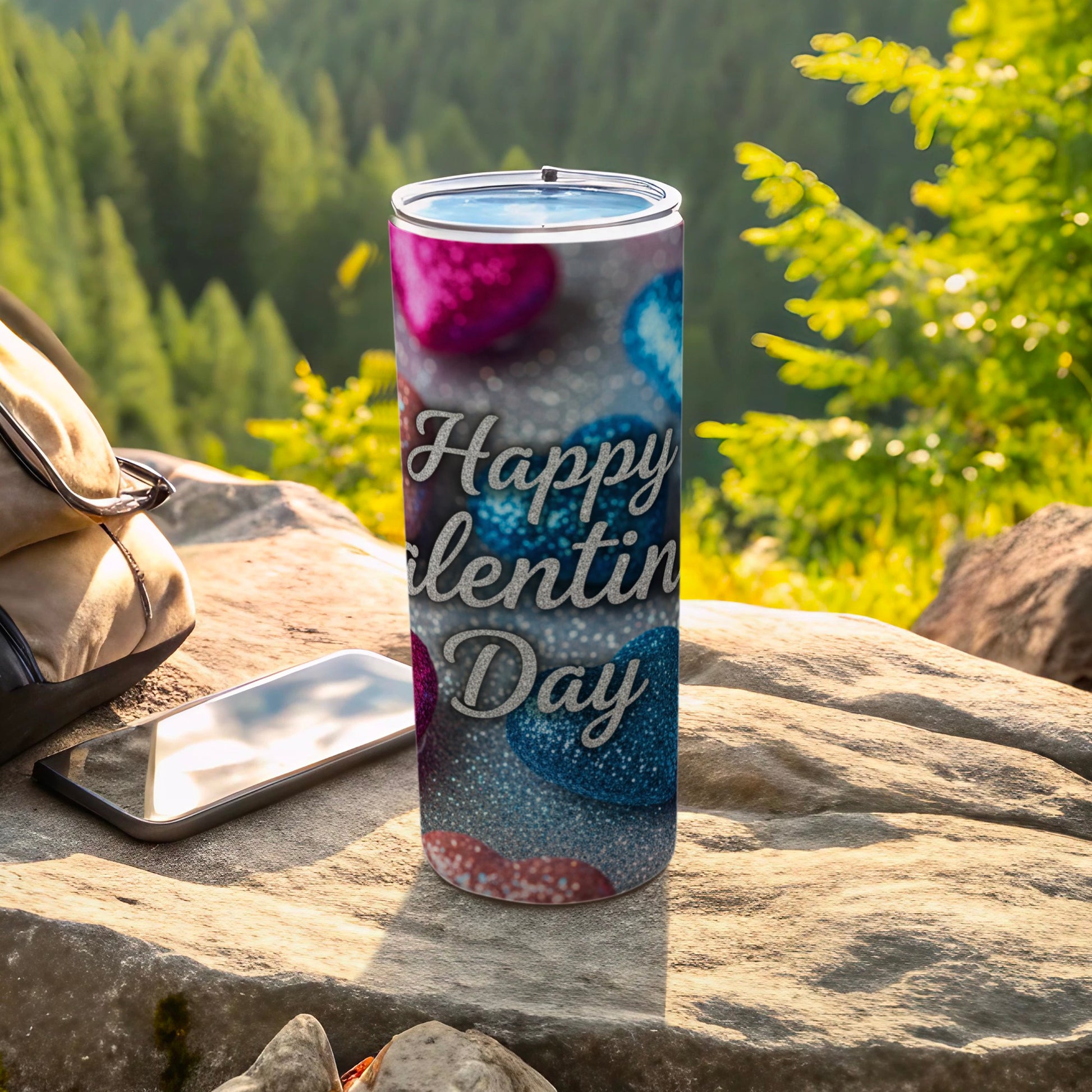 Happy Valentine's Day Tumbler with Colorful Hearts Design