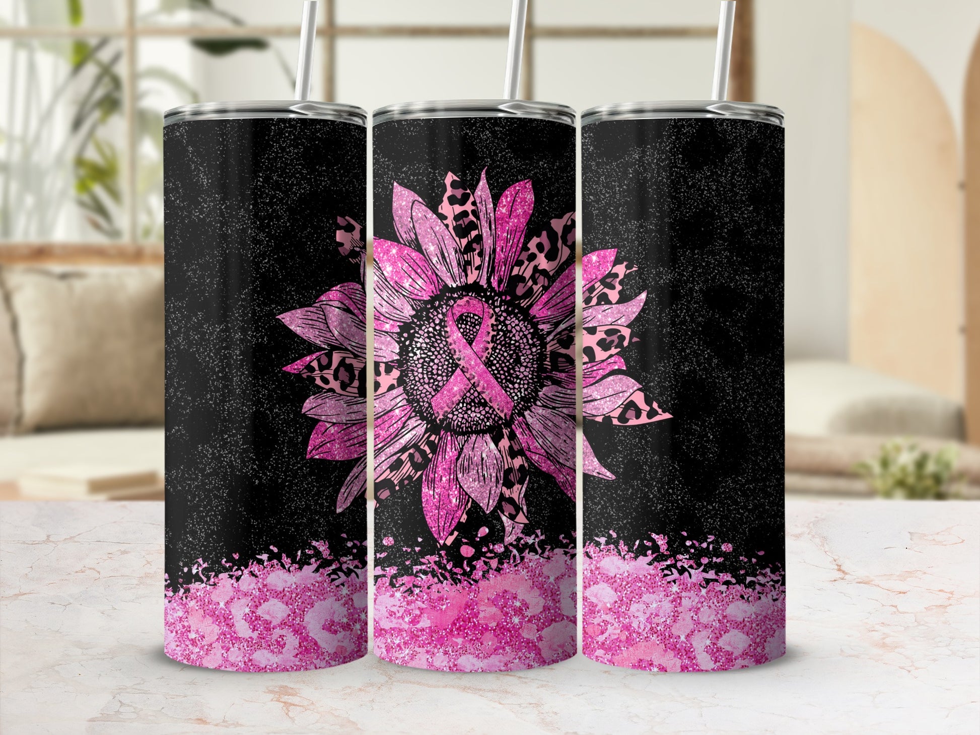 Pink leopard print sunflower with breast cancer ribbon on black tumbler.