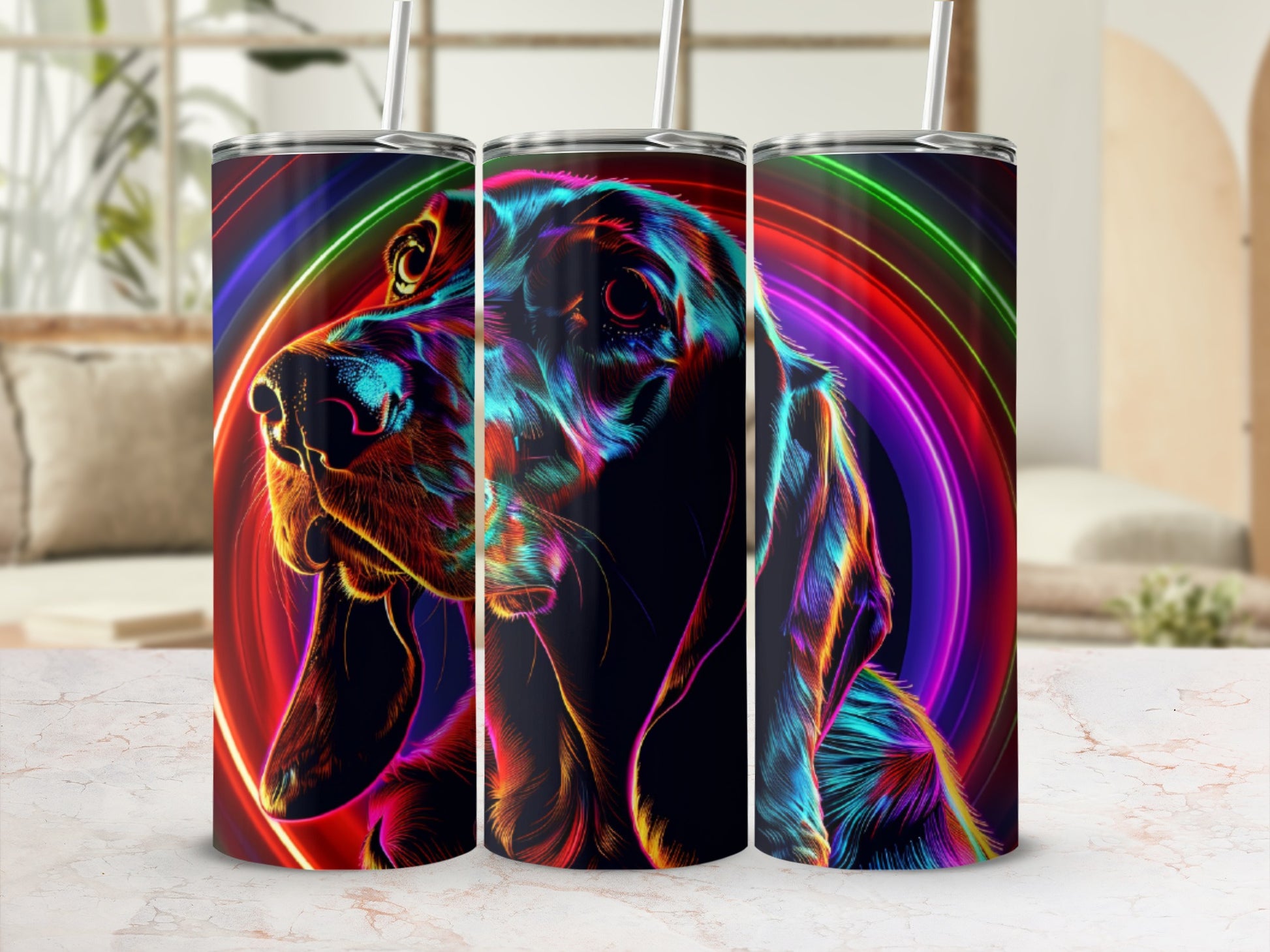 Basset hound head against colorful swirling neon rings.