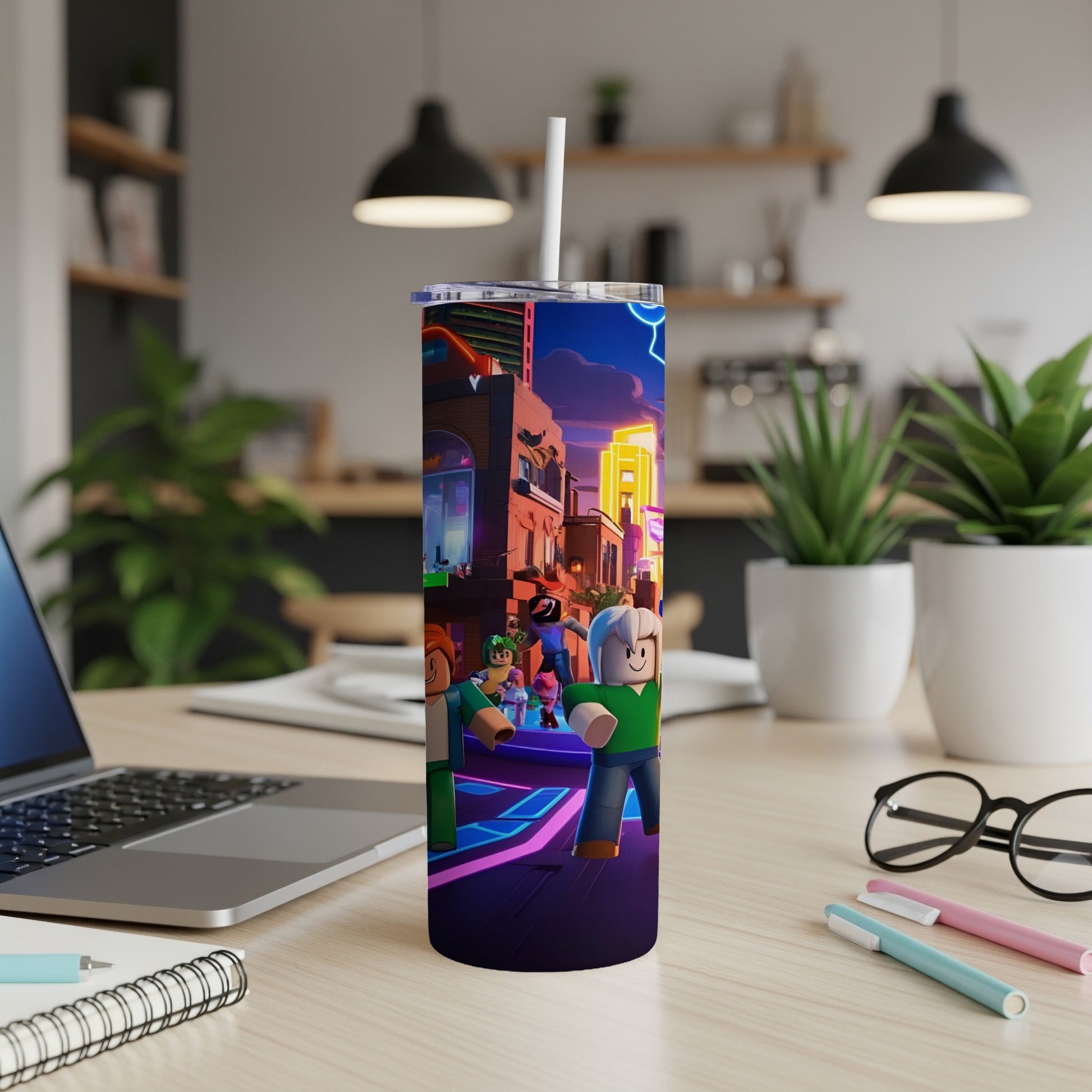Roblox characters in a colorful city street scene on a tumbler.
