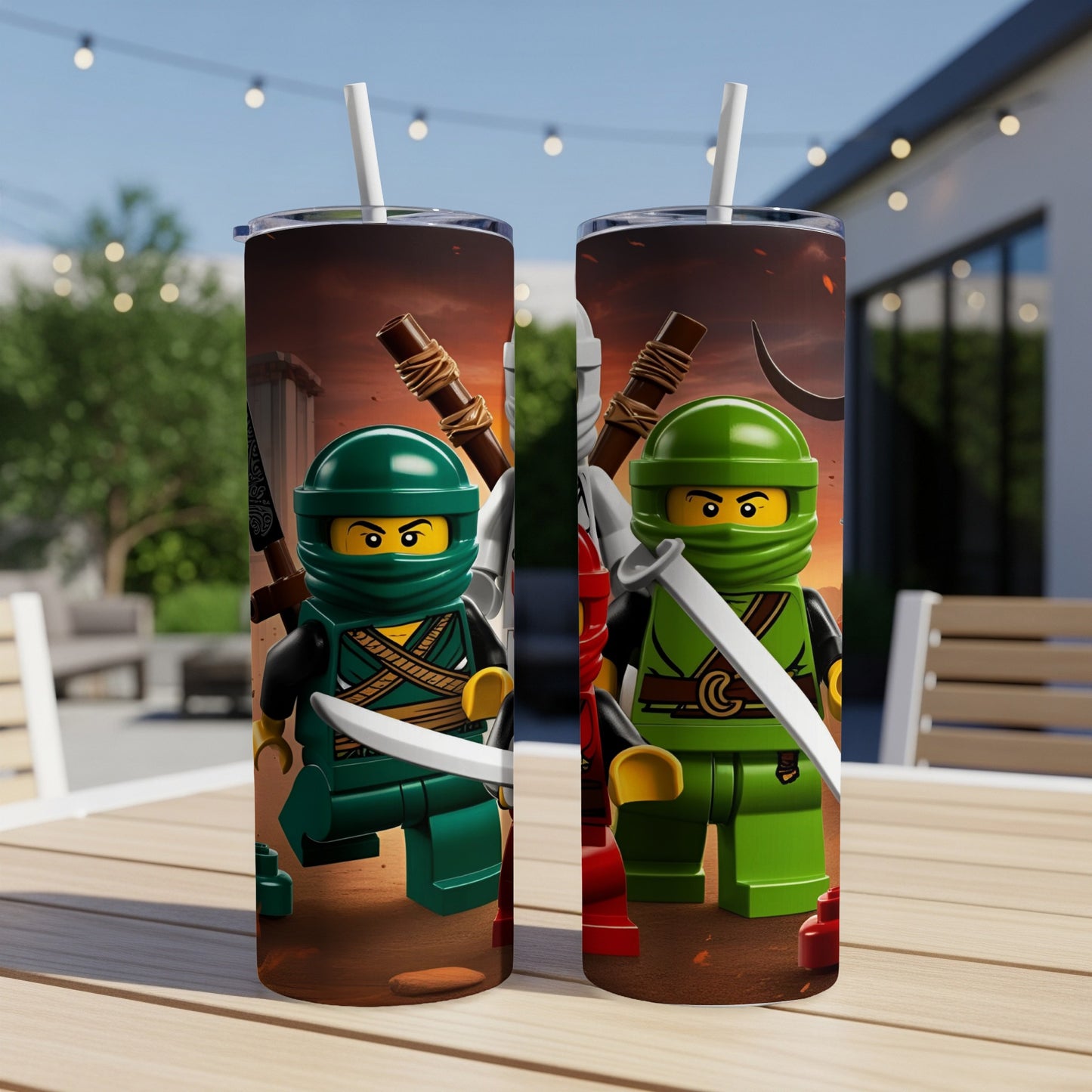 Two Lego Ninjago characters in green and red armor holding swords on a tumbler.