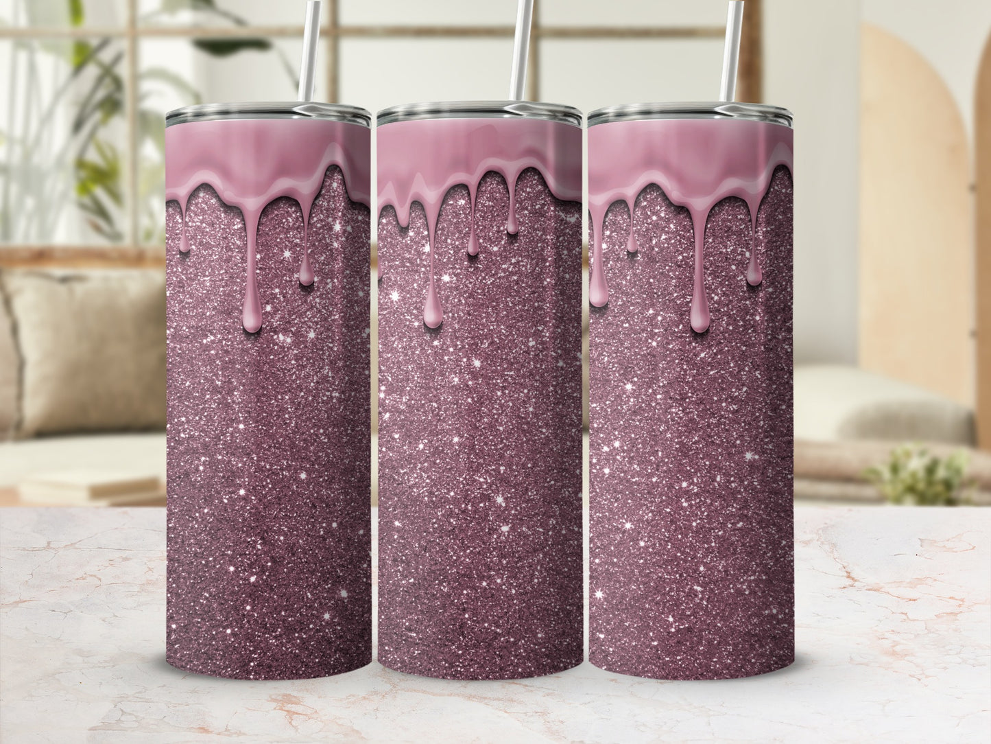 Glittery Purple Dripping Design Tumbler with Straw