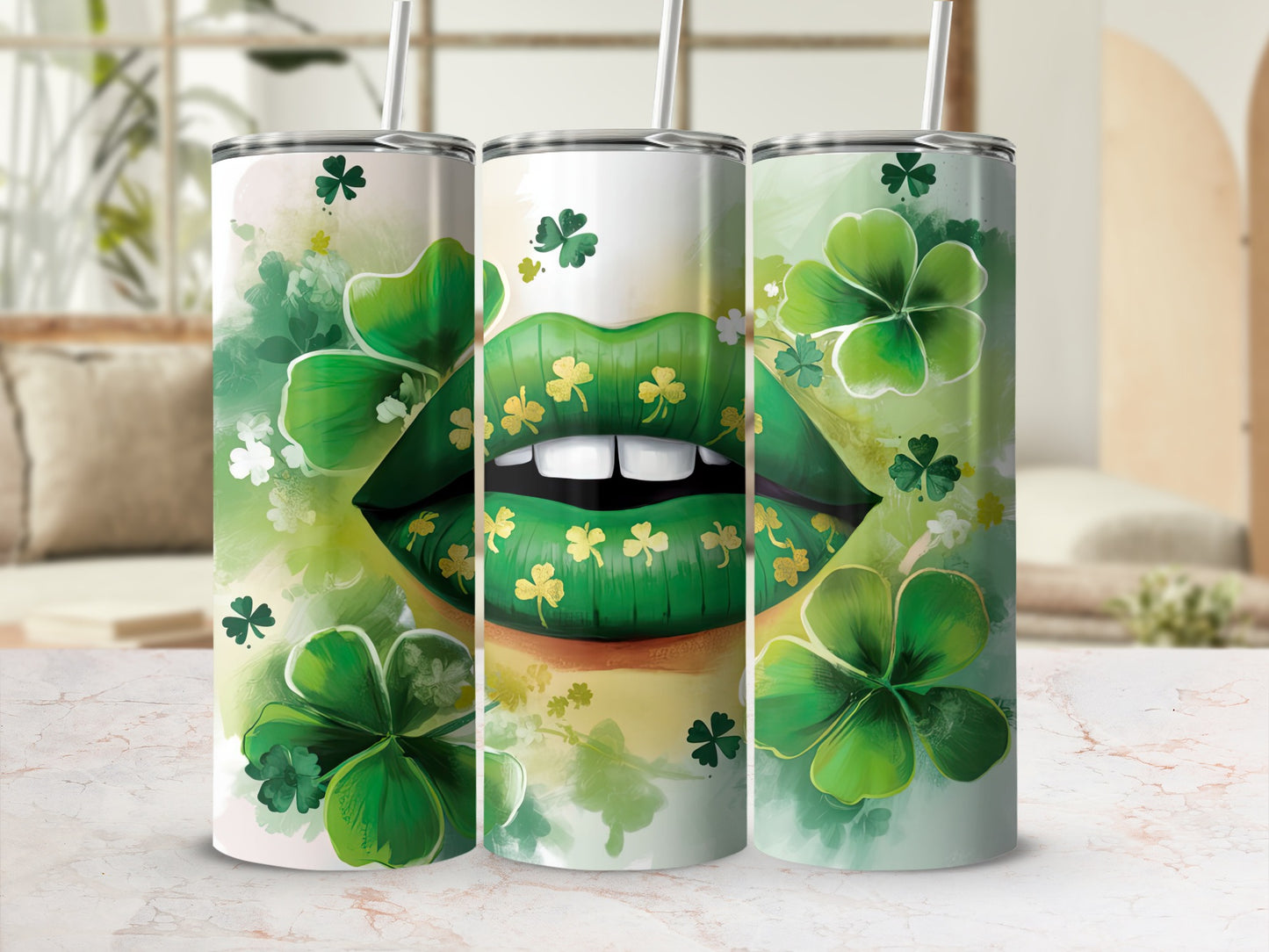 St. Patrick's Day lips design on three tumblers with shamrocks and gold accents.