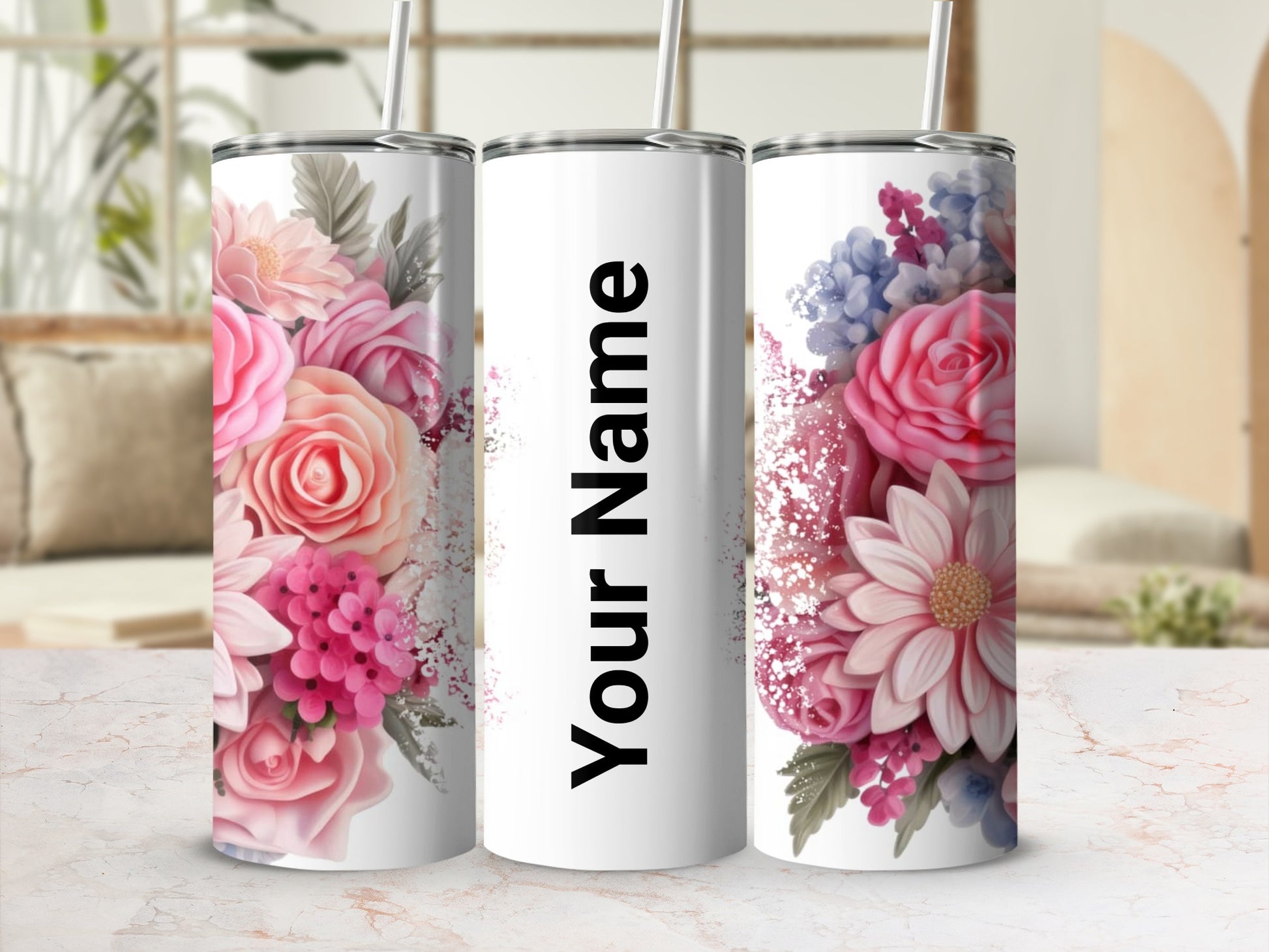 Floral Themed Personalized Tumbler With Straw