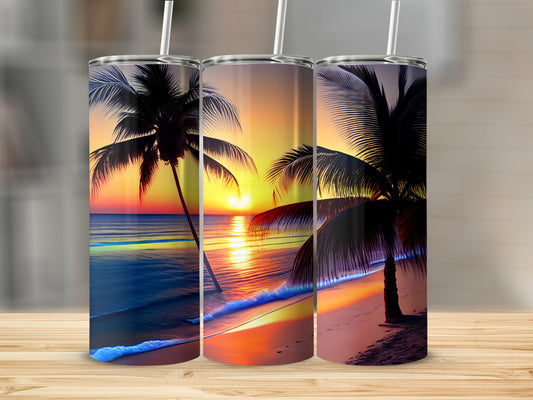 Sunset Beach Scene Among Palm Trees Tumbler Product
