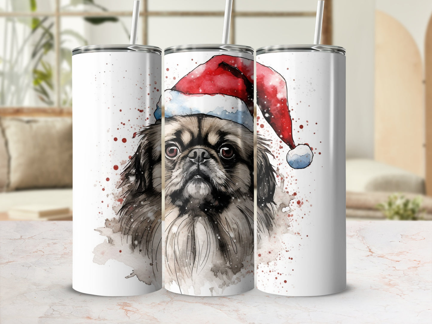 Watercolor Pekingese dog wearing a Santa hat on a white tumbler.