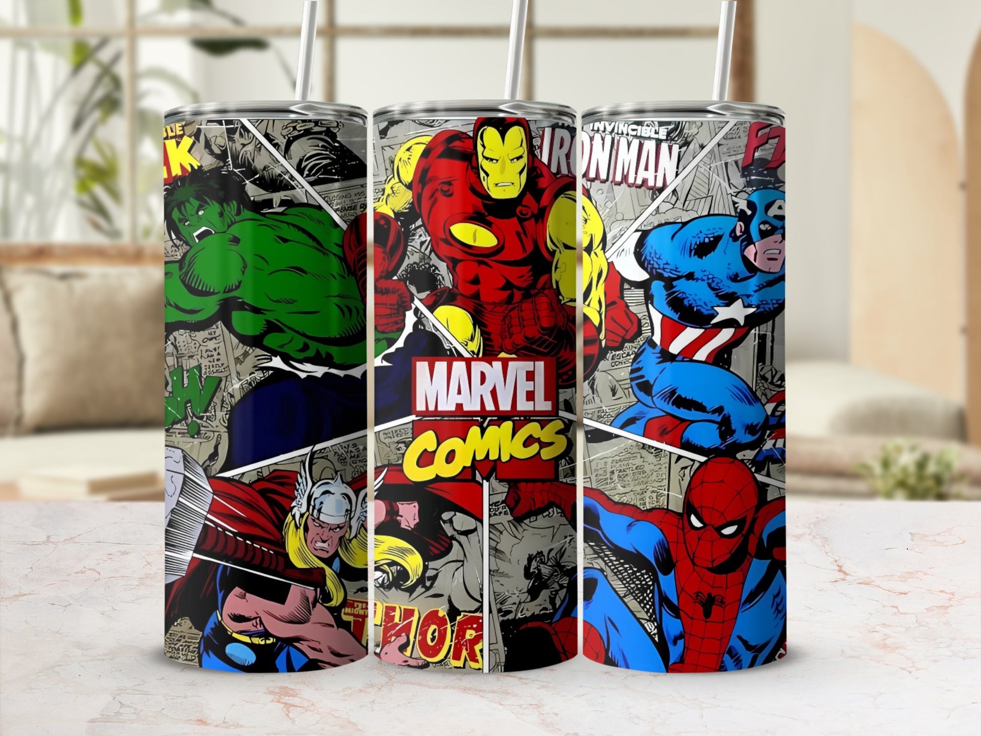Marvel Comics Themed Tumbler Set with Iconic Heroes