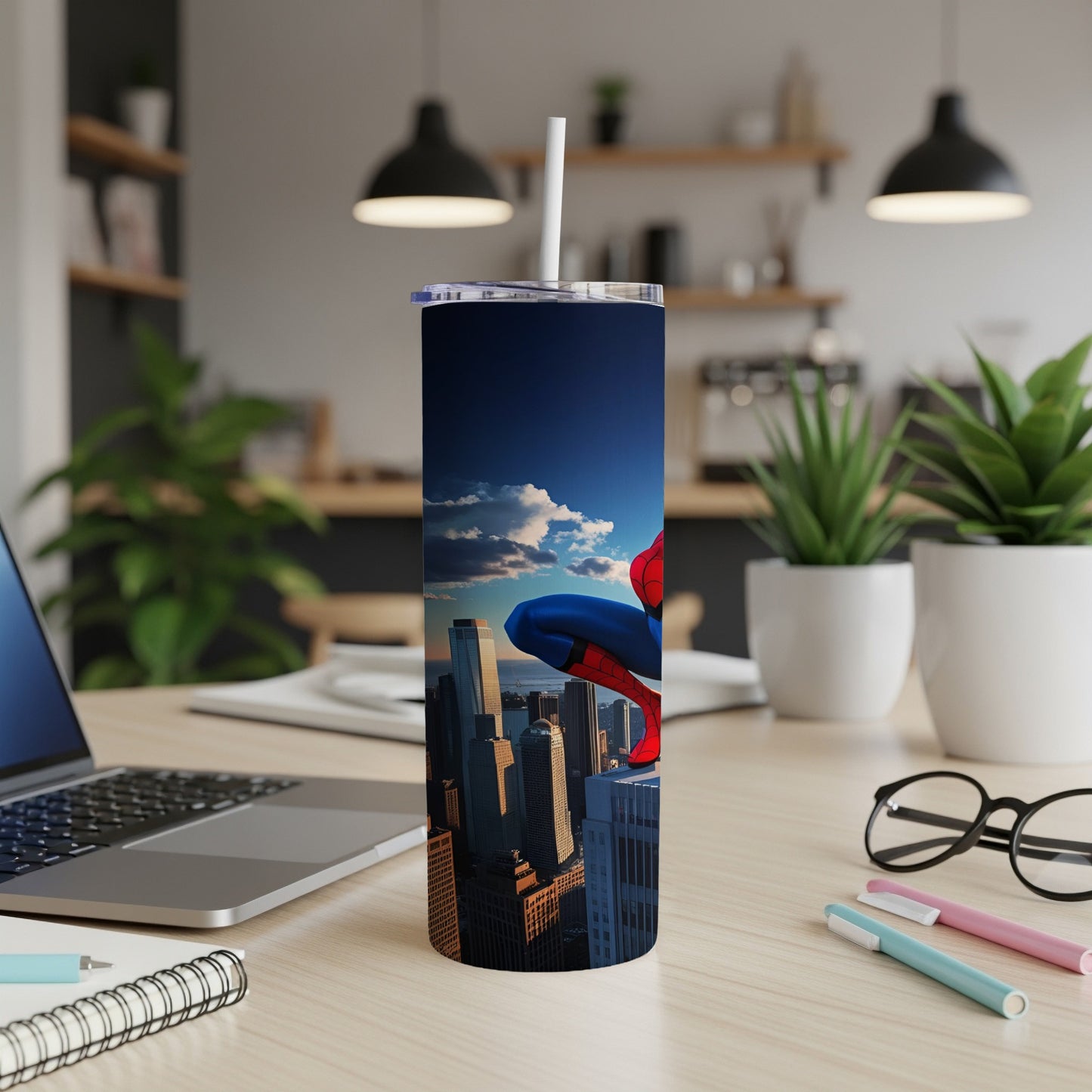 Spider-Man on skyscraper rooftop overlooking city skyline, on a tumbler.