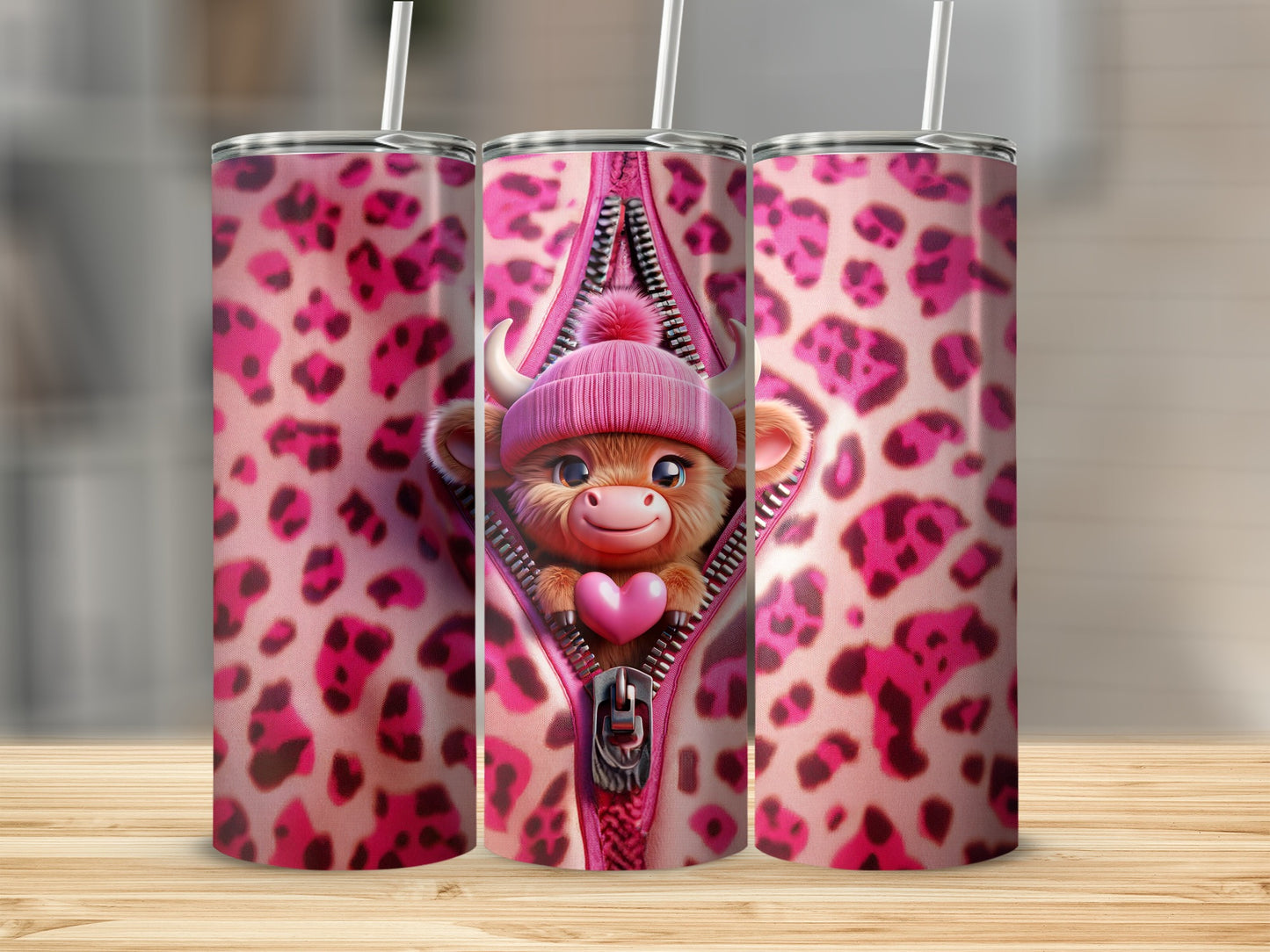 Pink leopard print tumbler with a cow peeking through a zipper.